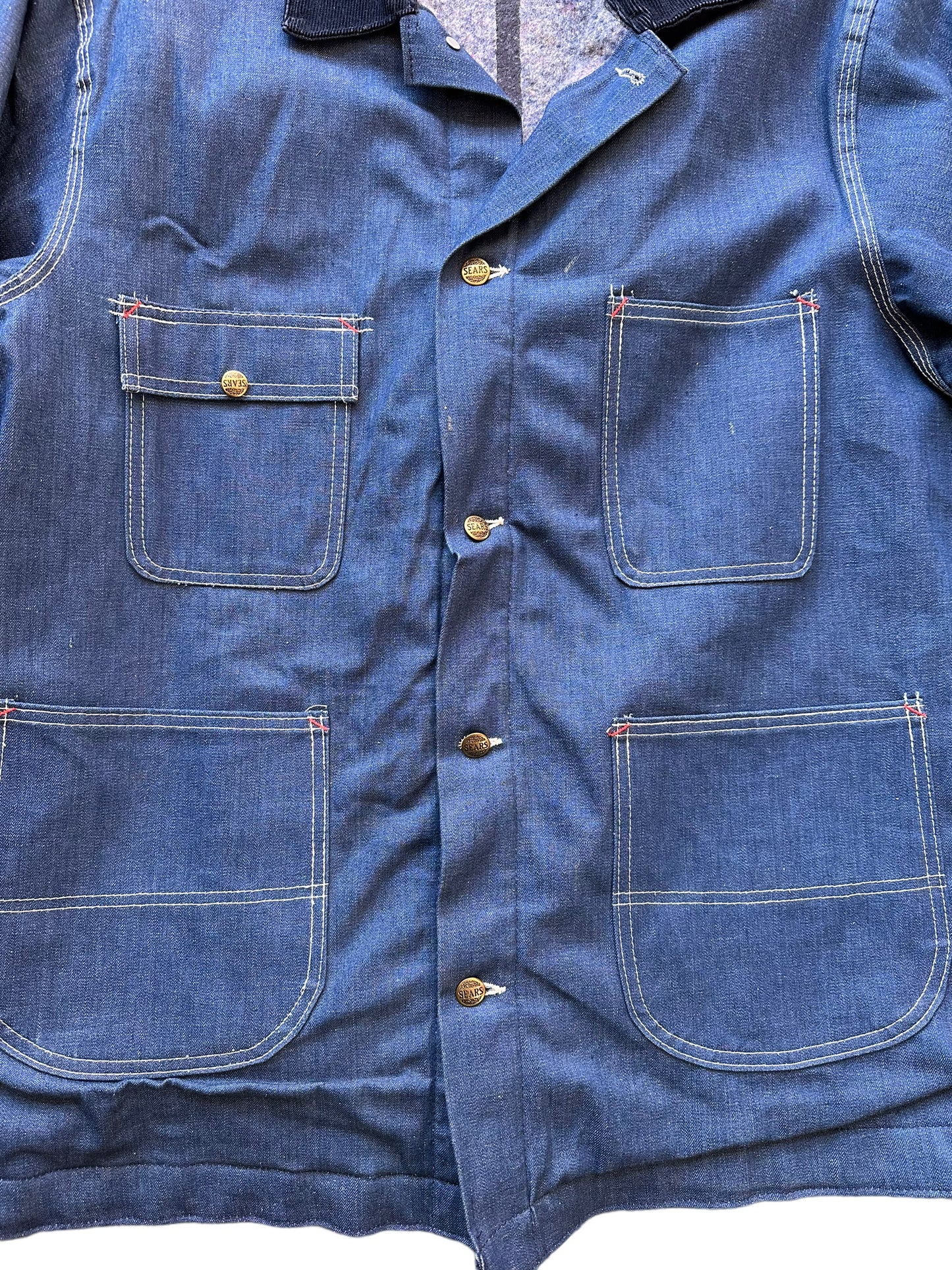 Front Chest View of Vintage Sears Blanket Lined Denim Chore Coat SZ XL | Vintage Denim Chore Coat | Barn Owl Vintage Seattle