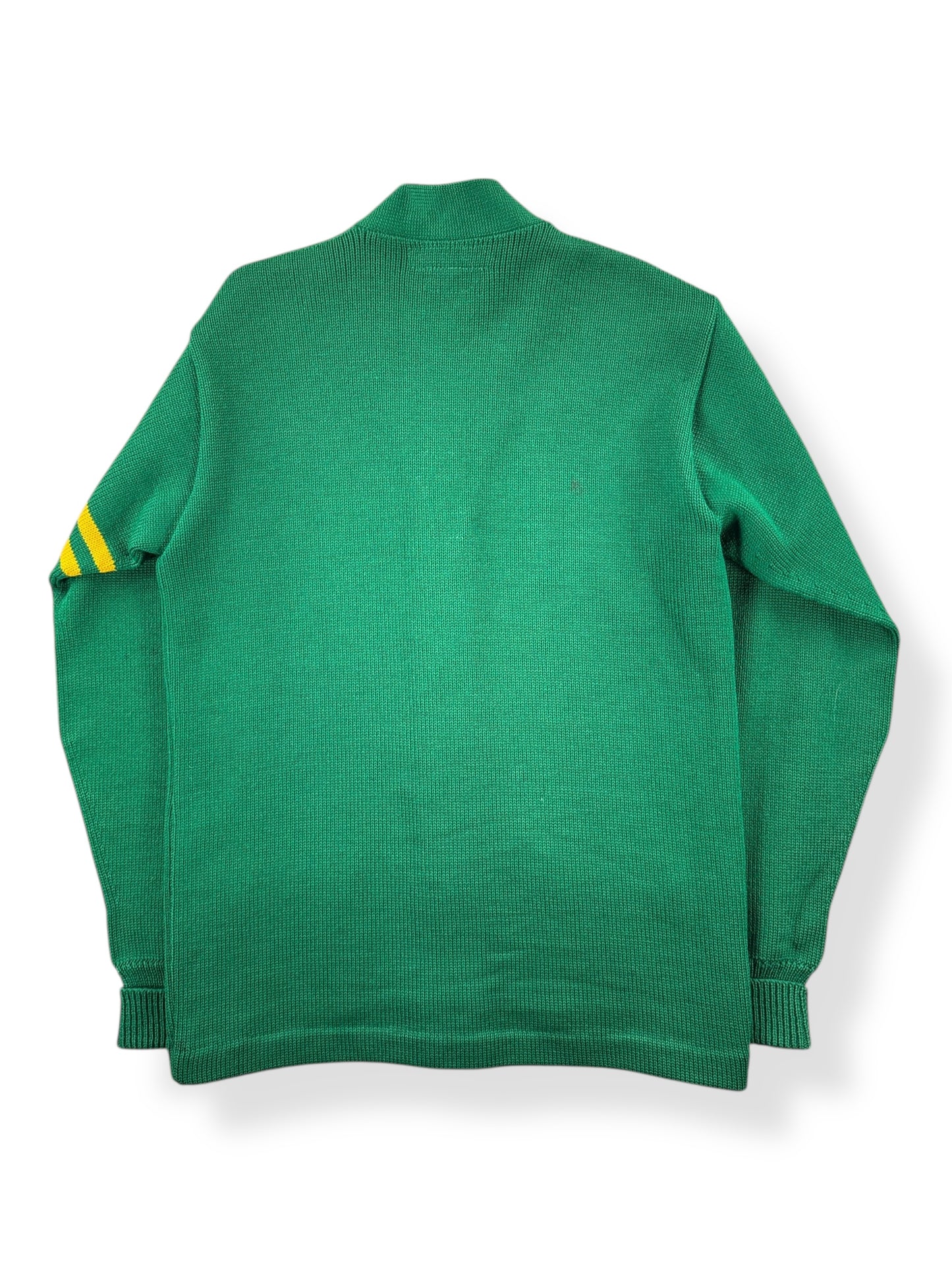 Back of Vintage 1960 Green & Yellow Varsity Cardigan SZ S