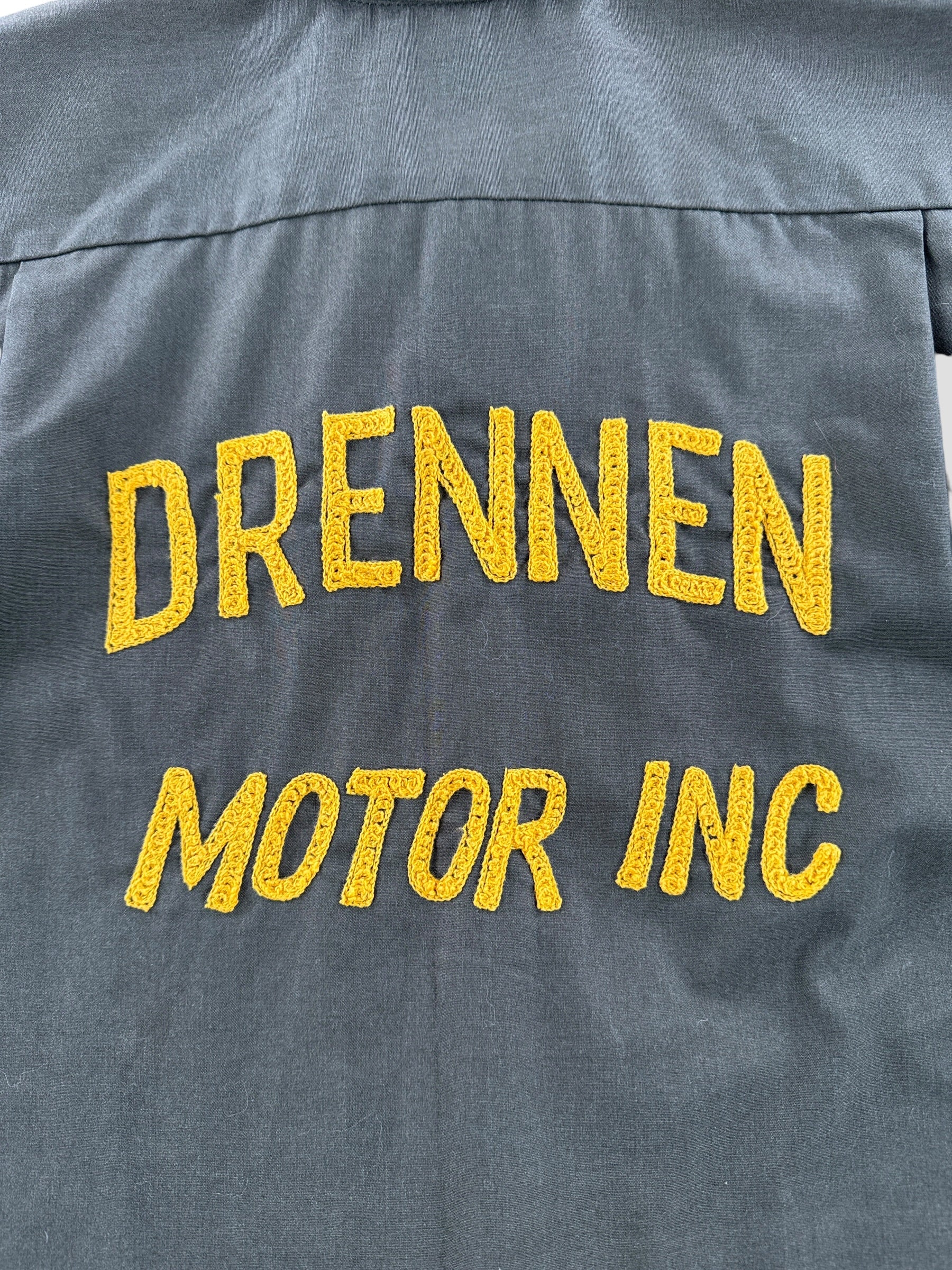 Back Embroidery on Vintage 50's Lee Drennen Motors Mechanic Shirt SZ M