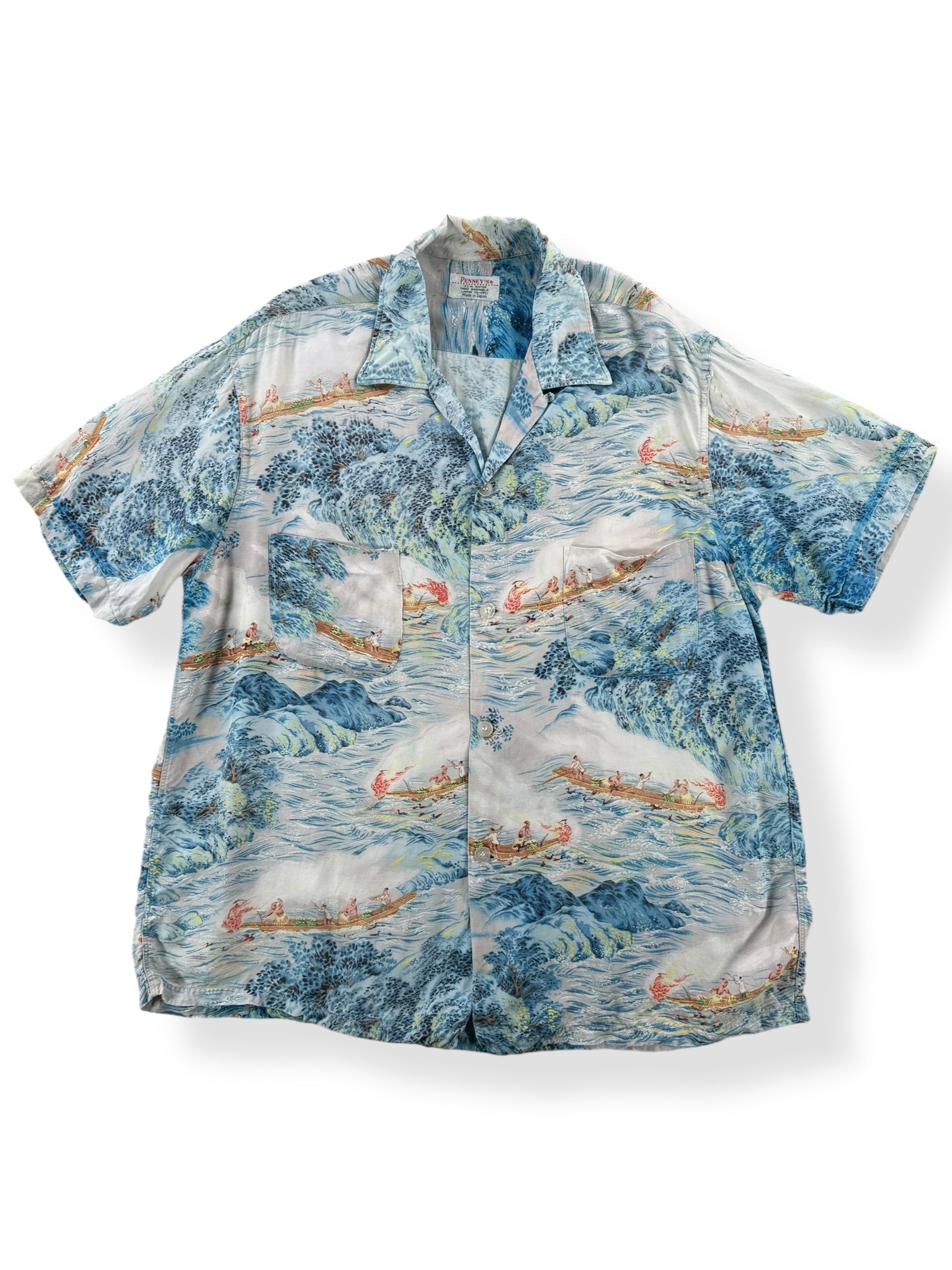 Front of Vintage Penney's Blue Rayon Aloha Shirt SZ L