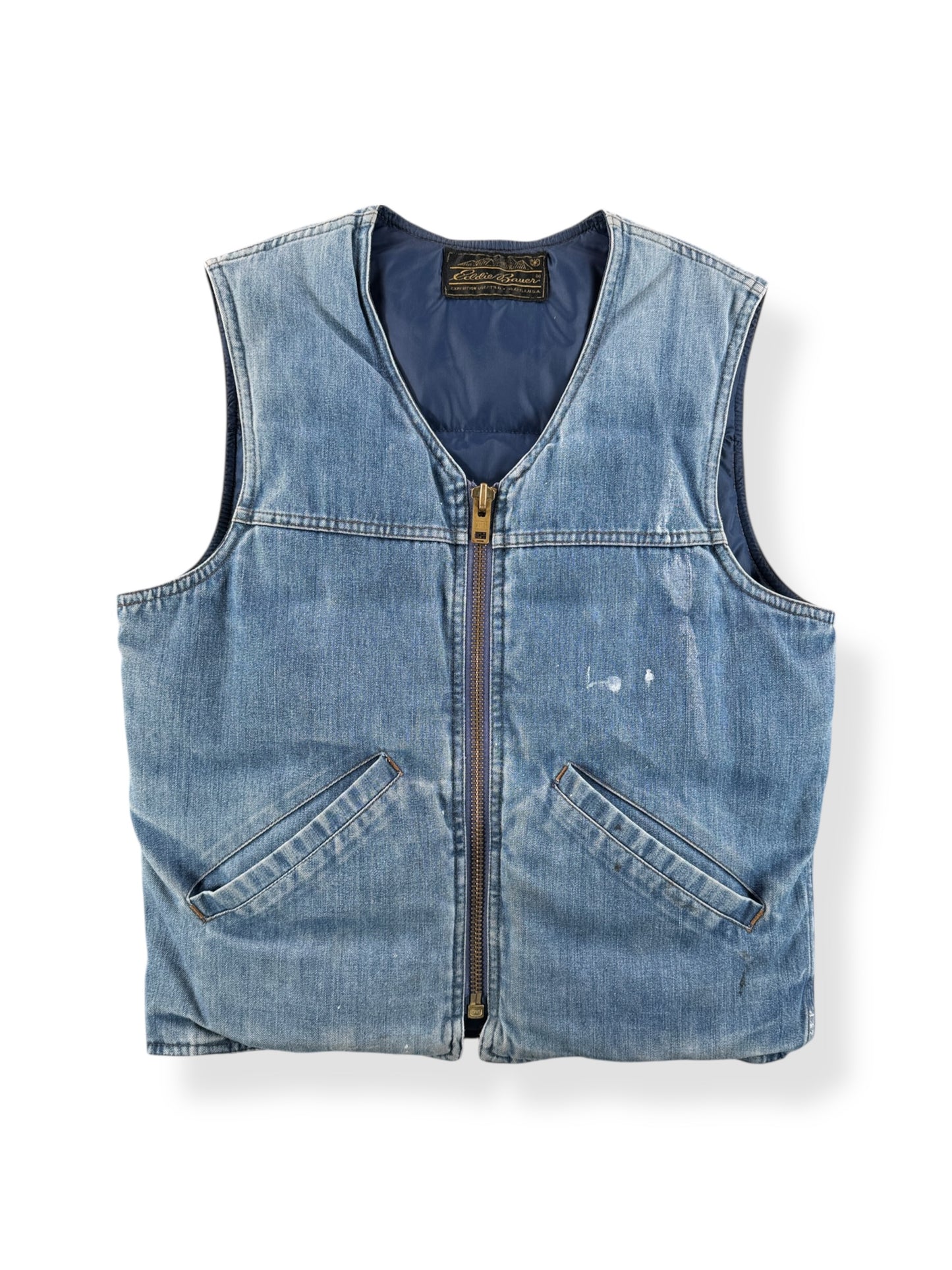 Front of Vintage Insulated Eddie Bauer Denim Vest SZ S
