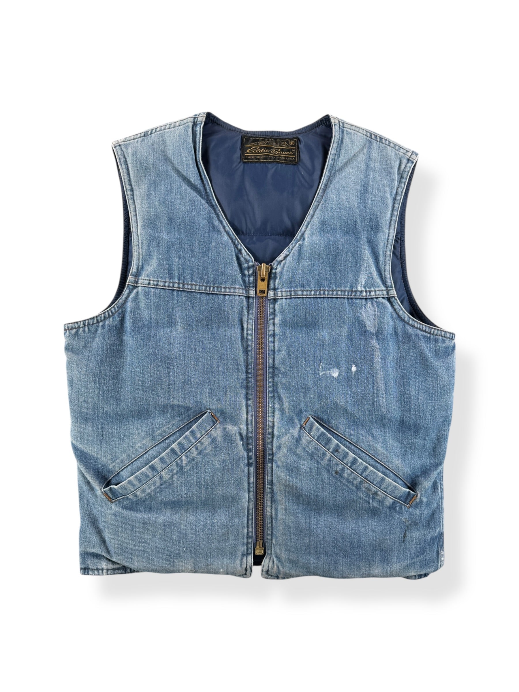 Front of Vintage Insulated Eddie Bauer Denim Vest SZ S