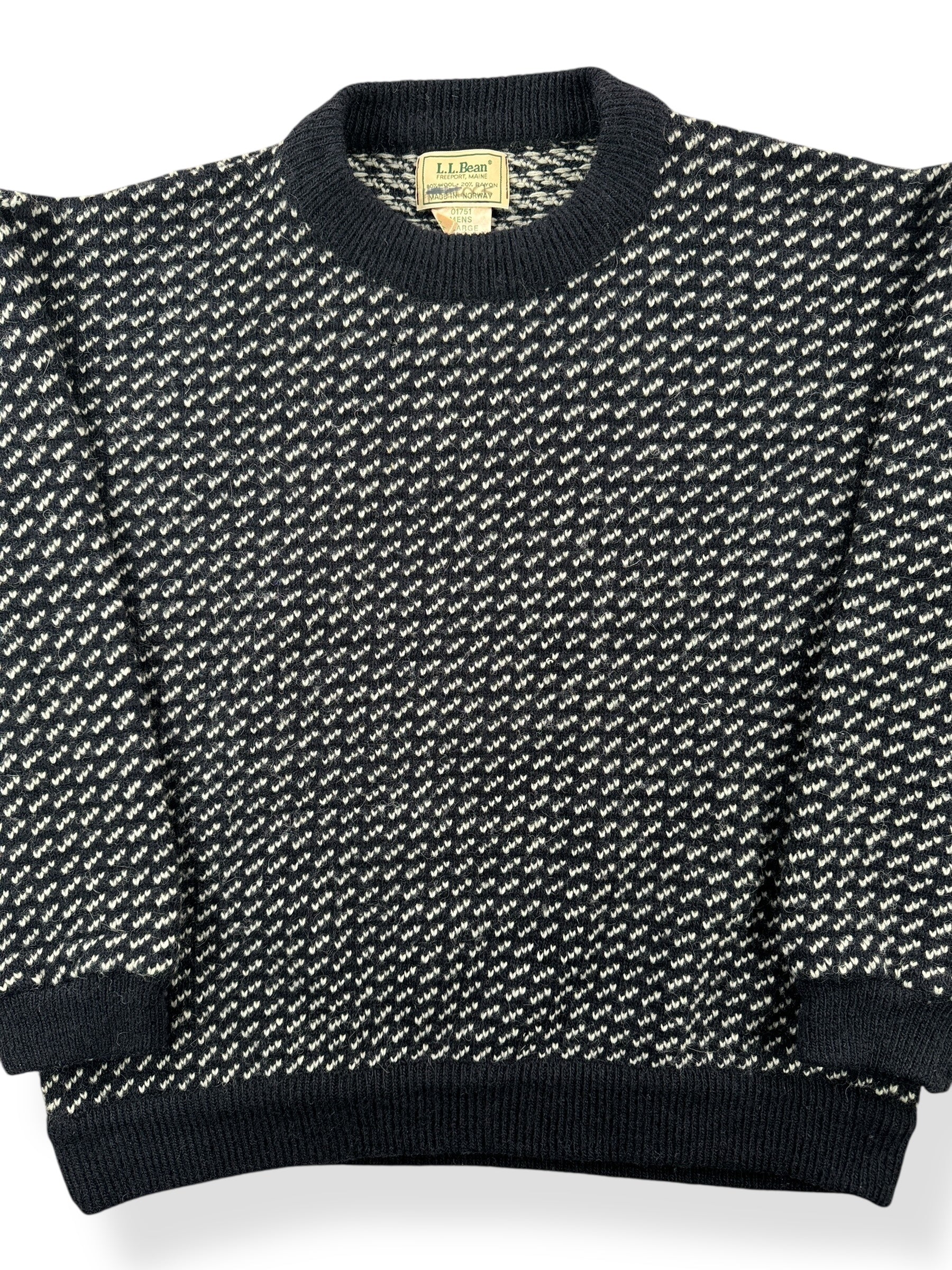 Front Close Up of Vintage Men's LL Bean Birdseye Sweater Black & White SZ XL