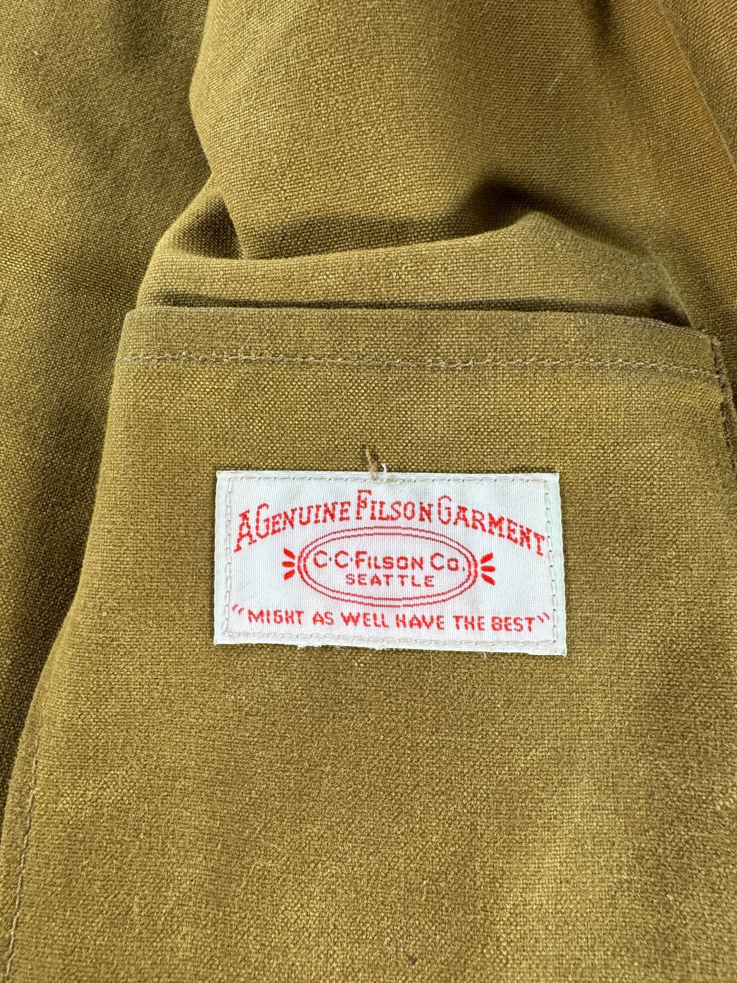 Tag on Filson Tin Cloth Cruiser Jacket SZ 44