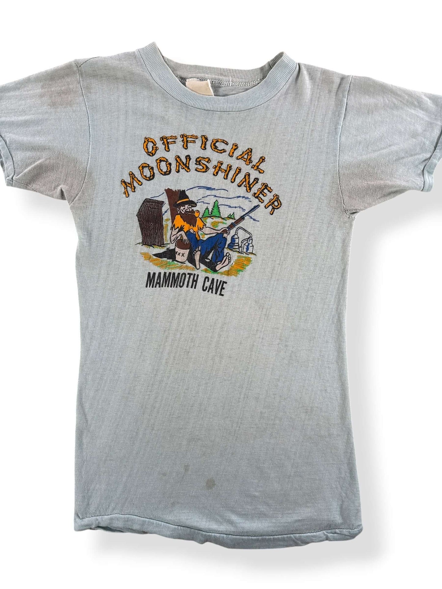 Front Close Up of Vintage Mammoth Cave Official Moonshiner Tee SZ XXS