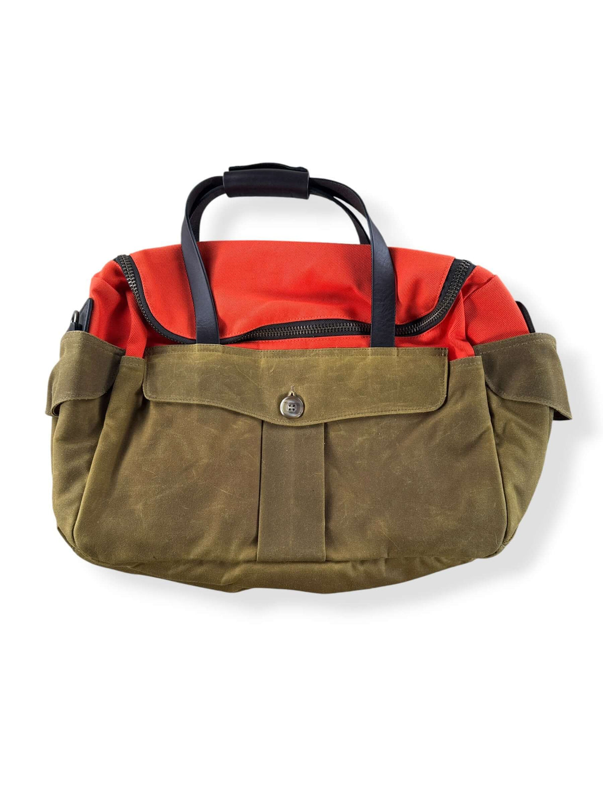 Back of Filson Heritage Sportsman Bag Orange Dark Tan NWOT