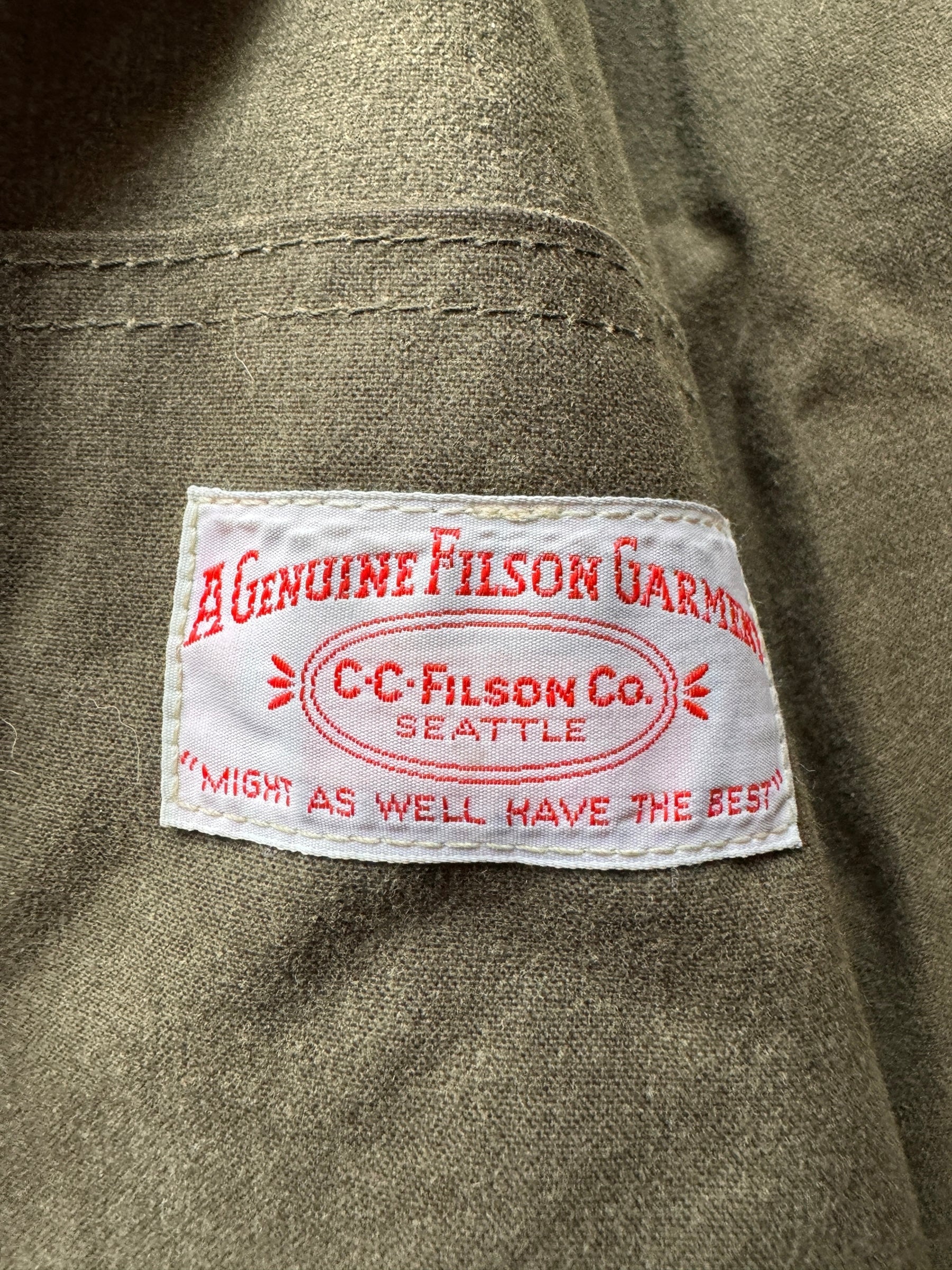 Label on Filson Shelter Cloth Packer SZ XXL