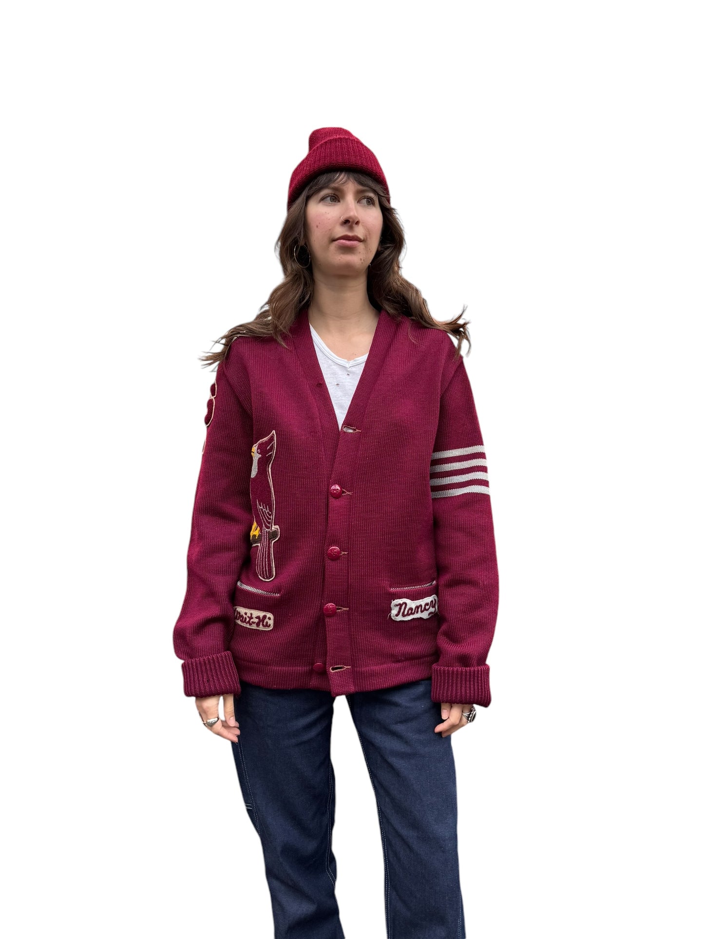 Front model view of 1956 Waitsburg Cardinals Letterman Cardigan M-L