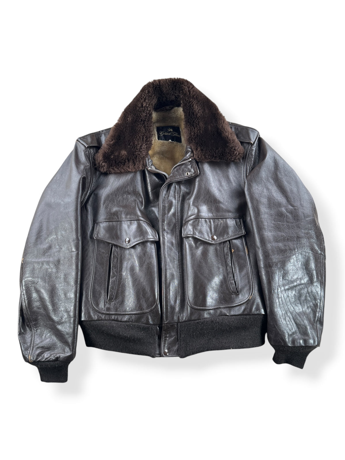 Front of Vintage Golden Fleece G1 Style Leather Bomber Jacket SZ 46
