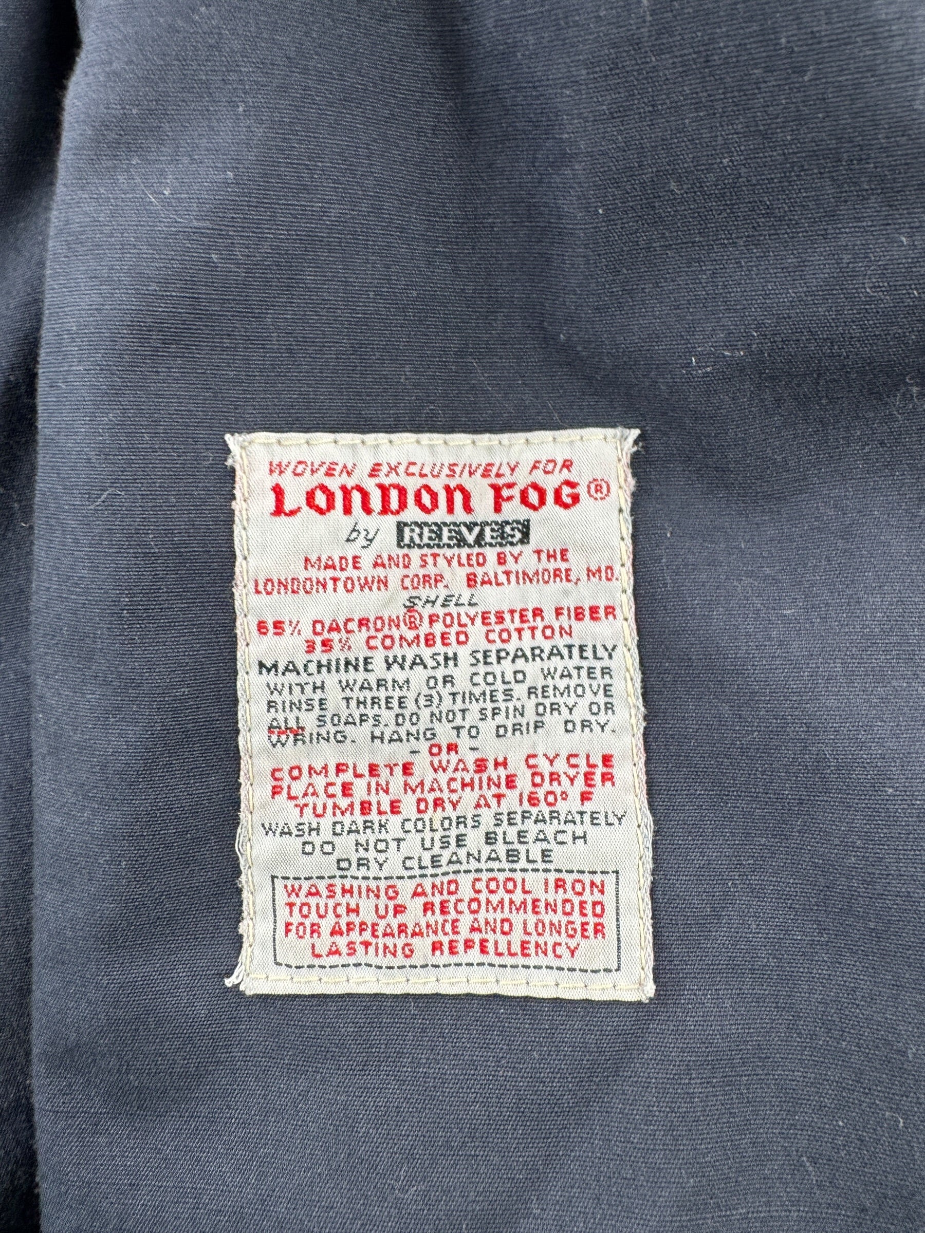 Label on Vintage London Fog Harrington Jacket SZ 40