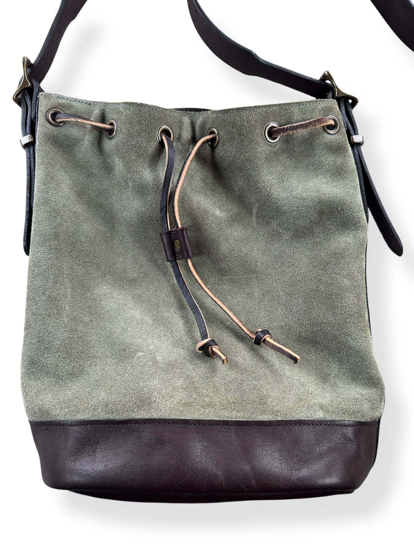 Front Close Up of Filson Green Suede Satchel Sample Bag