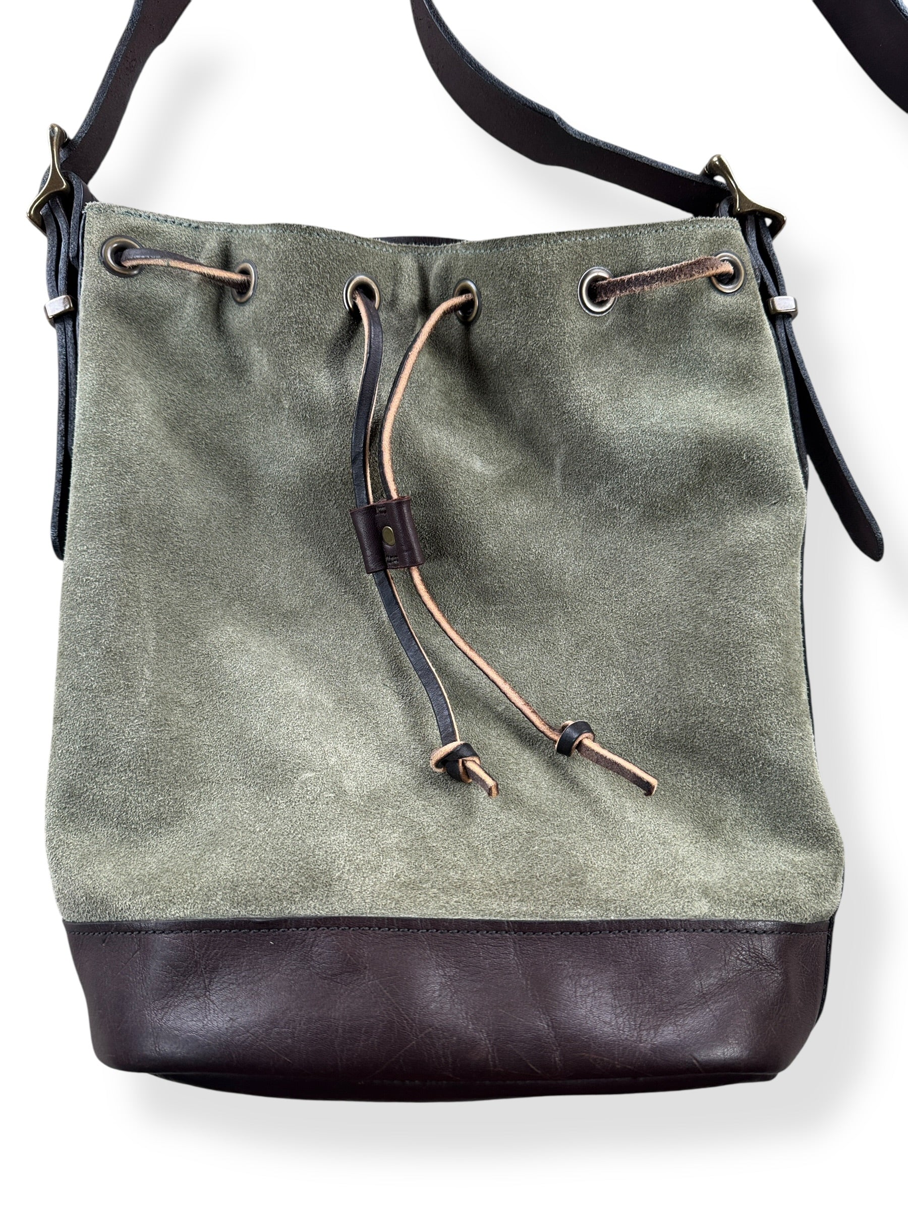 Front Close Up of Filson Green Suede Satchel Sample Bag