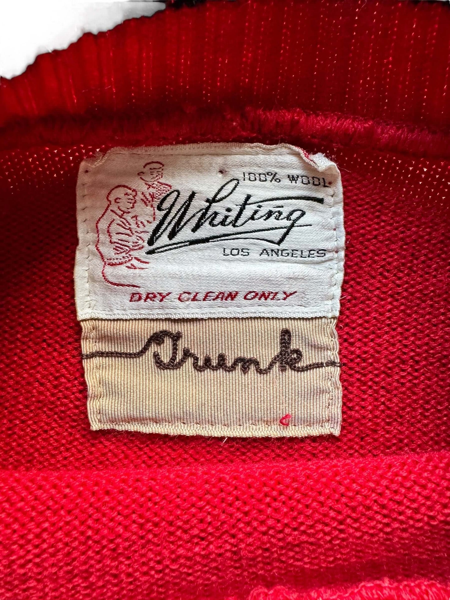 Tag view of 1960s Red Wool Whiting Sweater M