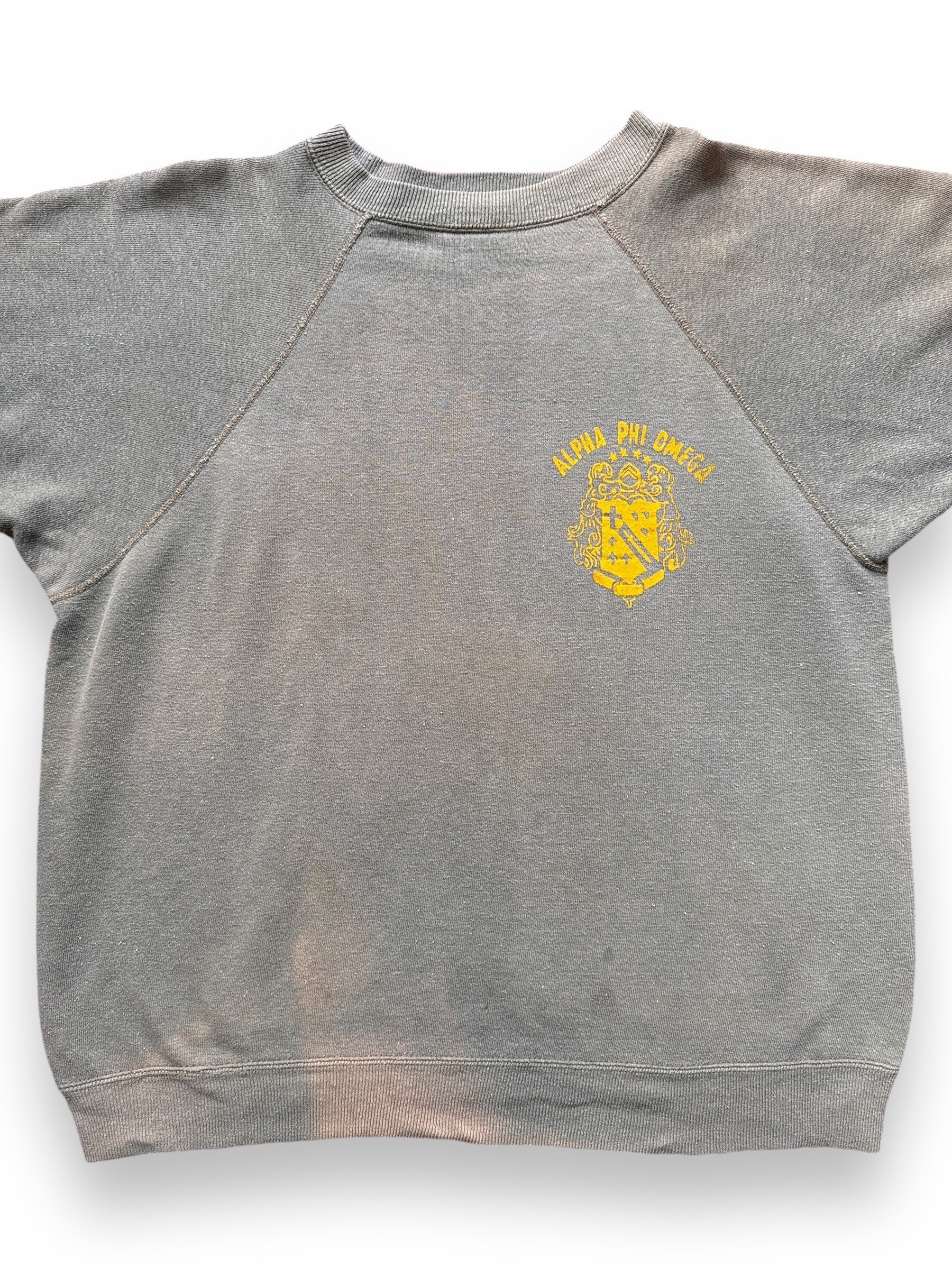 front close up of Vintage Faded Alphi Phi Omega Shortie Crewneck SZ M