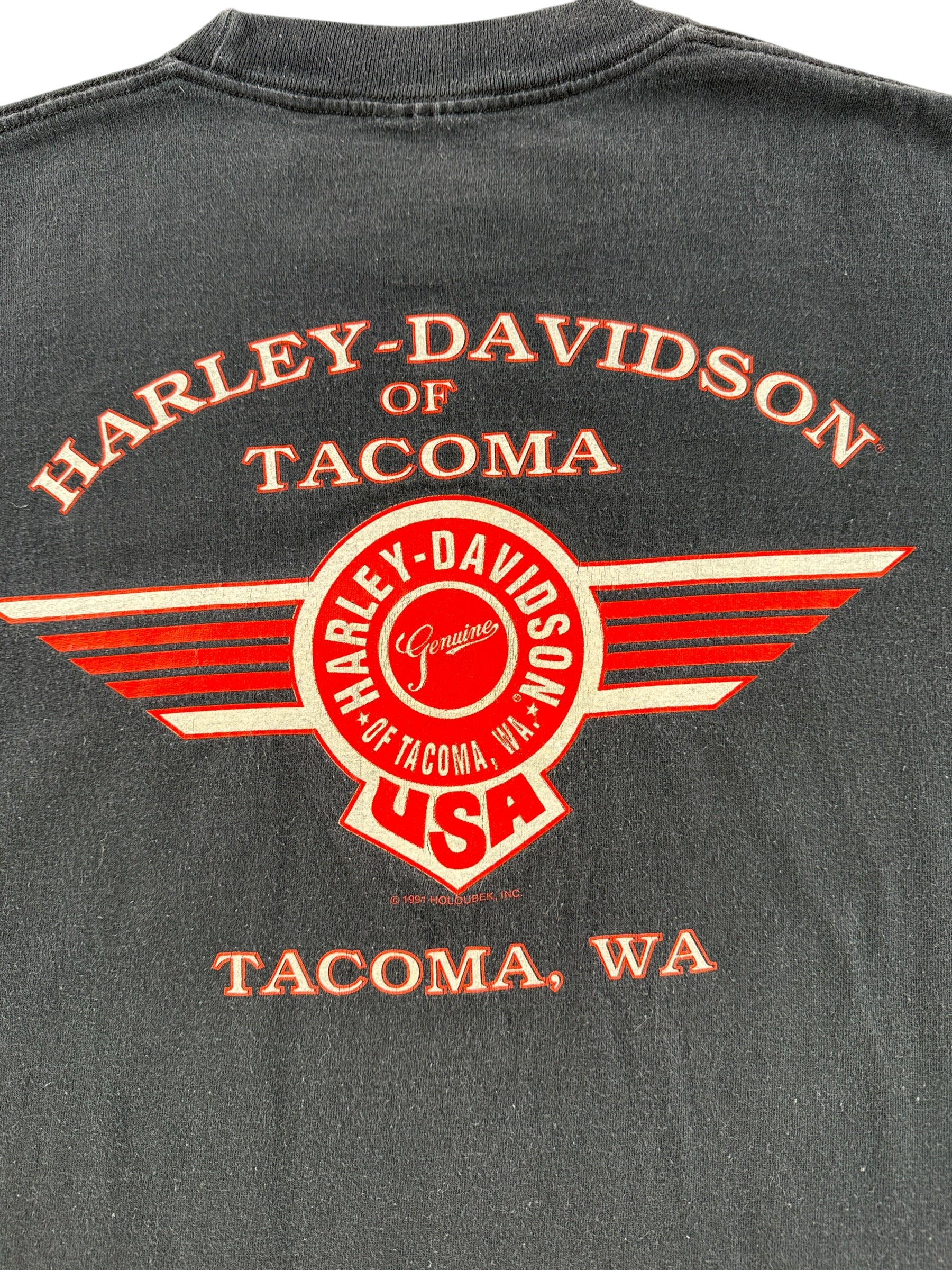 Back Graphic of Vintage Harley Davidson of Tacoma Single Stitch Pocket Tee SZ XL