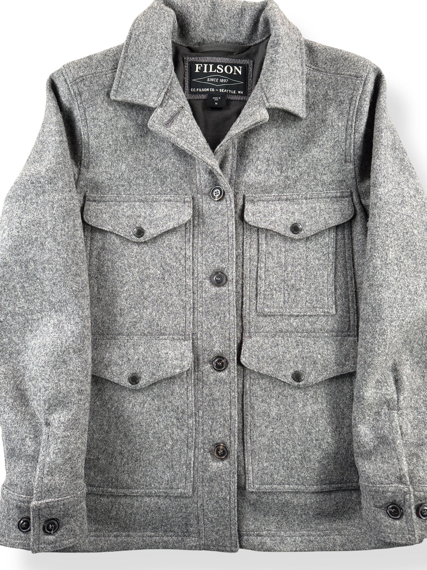 Front Close Up of Sample Filson Women's Grey Wool Jacket SZ M