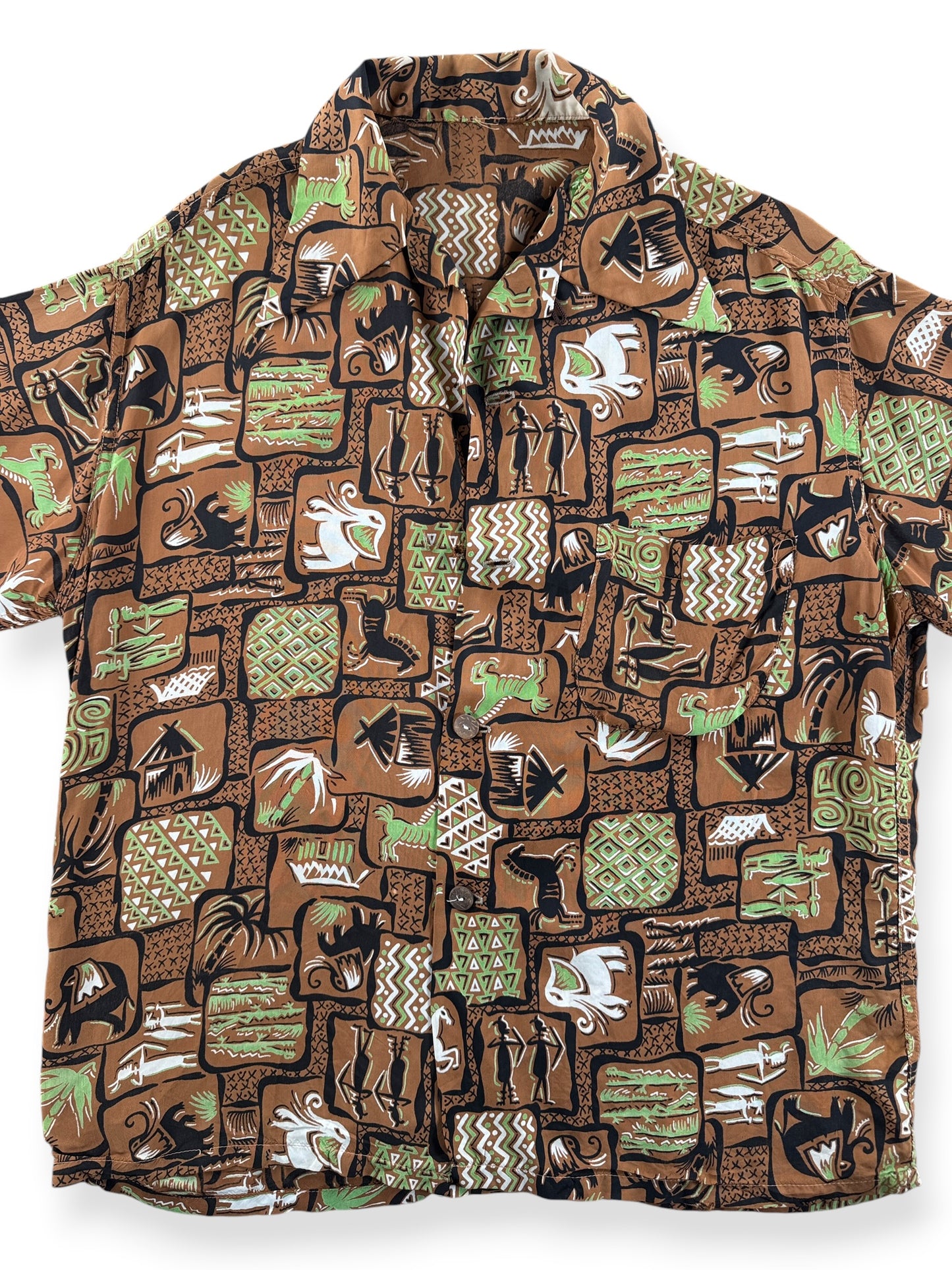 Front Close Up of Vintage Brown Rayon Patterned Aloha Shirt SZ S - AS IS