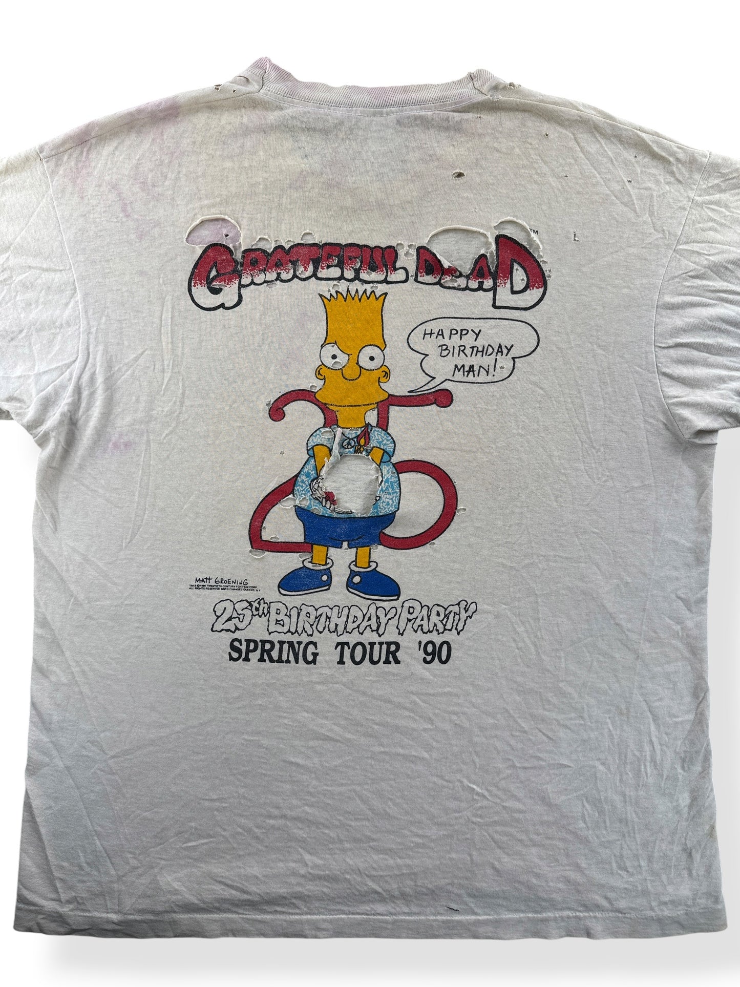 Close up of the back of Vintage '90 Spring Tour Grateful Dead Bart Simpson Thrasher Tee SZ XL