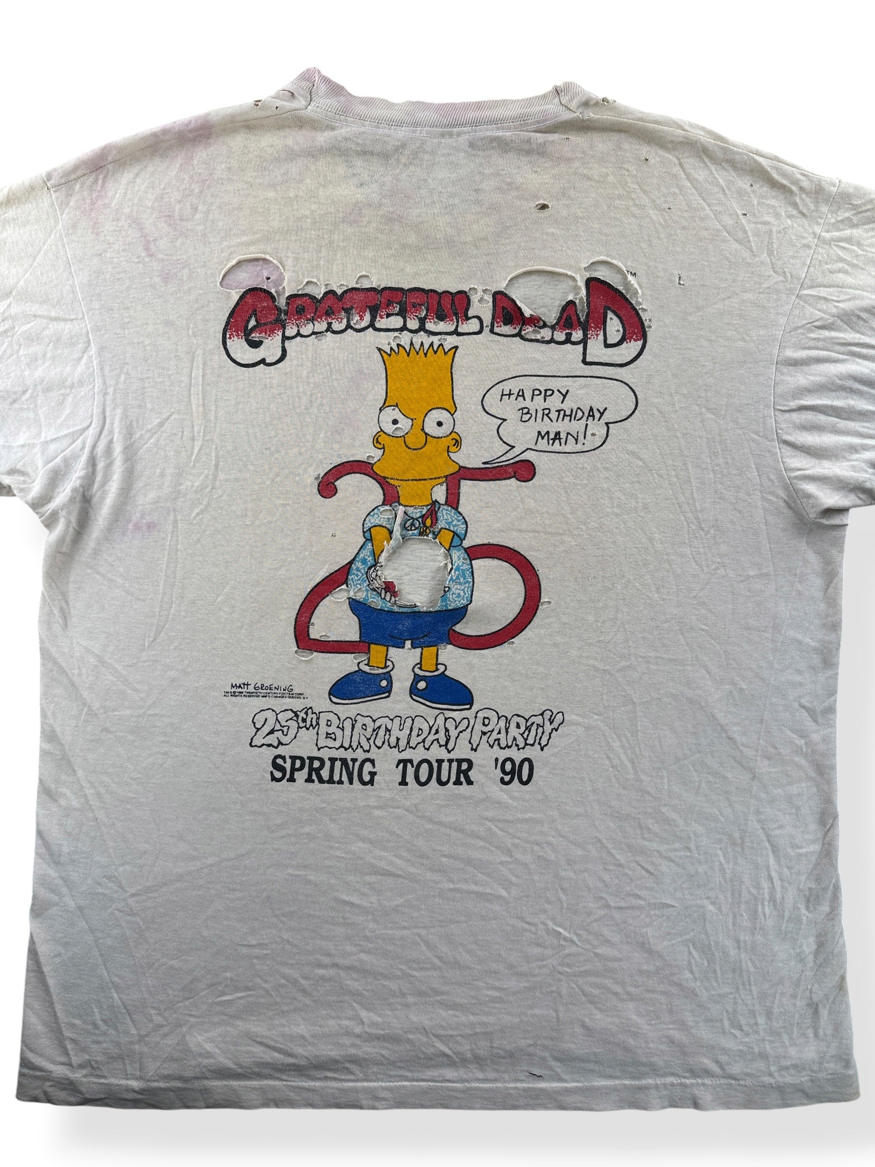 Close up of the back of Vintage '90 Spring Tour Grateful Dead Bart Simpson Thrasher Tee SZ XL