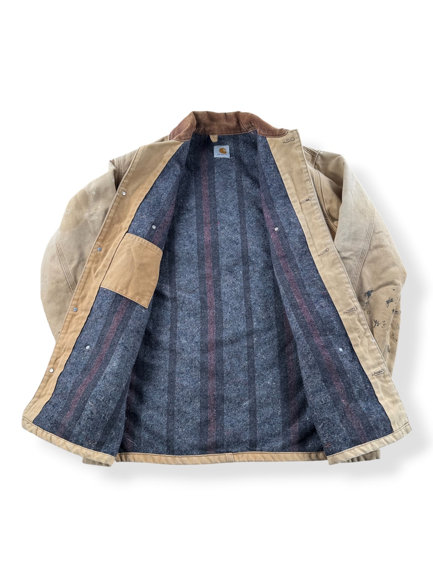 Inside of Vintage Carhartt Paint Splattered Chore Coat SZ XL