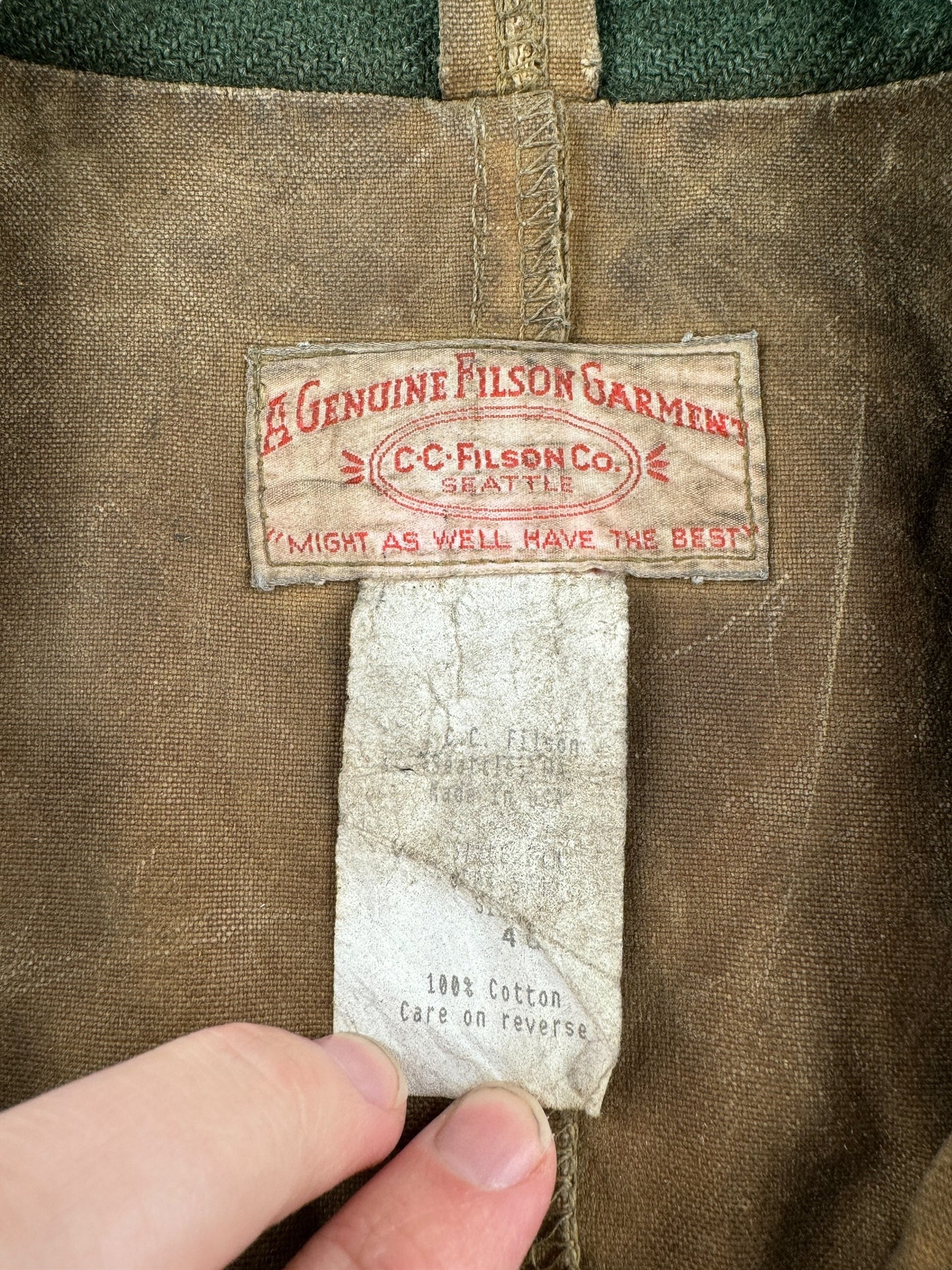 Tag on Vintage Filson Tin Cloth Packer Jacket SZ 46