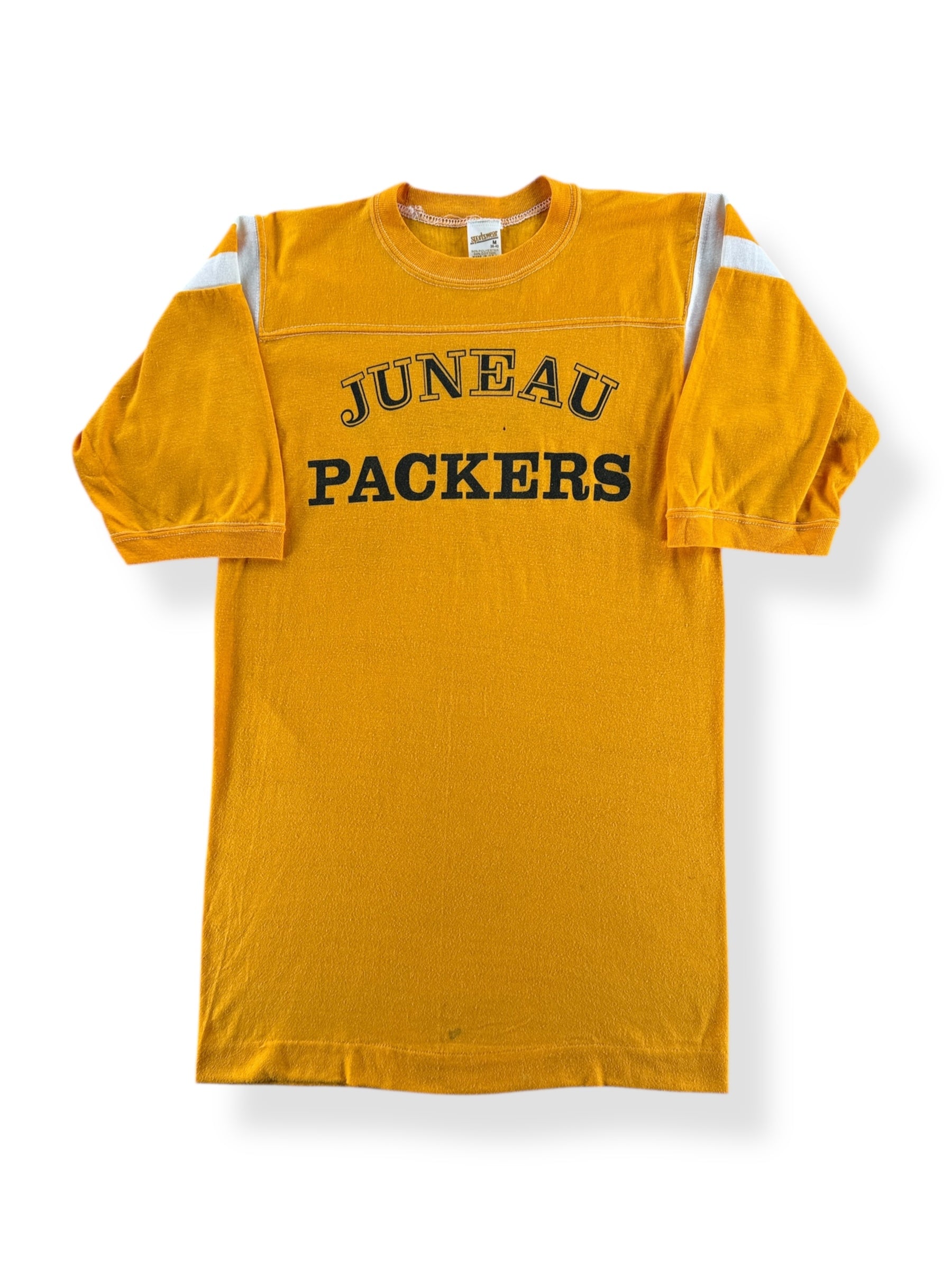 Front of Vintage Juneau Packers Yellow Jersey SZ S