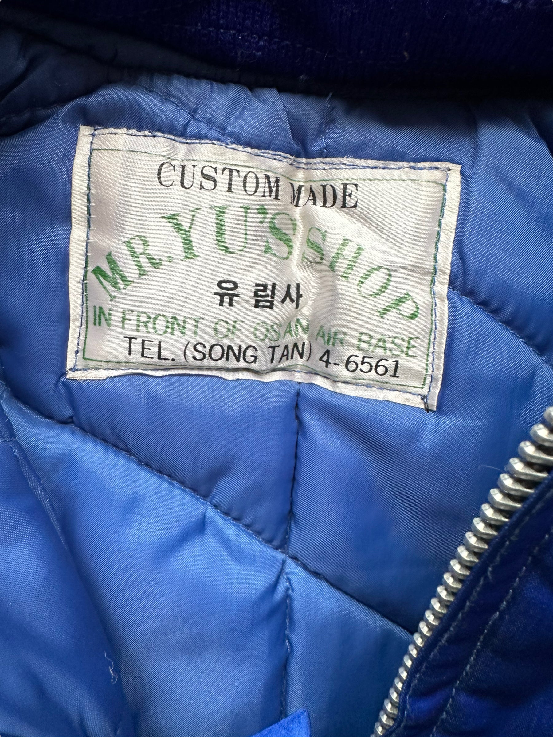 Mr Yu's Shop Label on Vintage Blue Korea Souvenir Jacket SZ L | Vintage Souvenir Jacket Seattle | Barn Owl Vintage Seattle