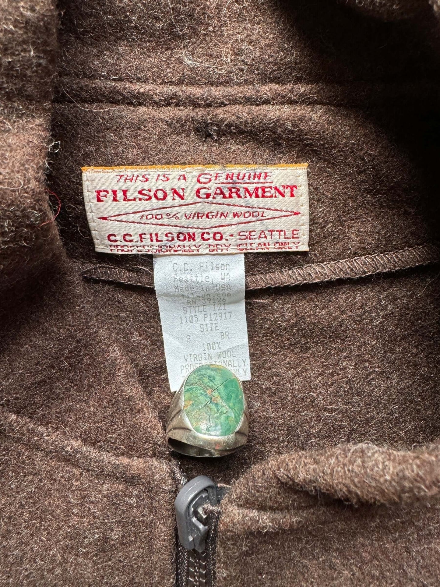 Tag View of Filson Brown Wool Liner Vest SZ S