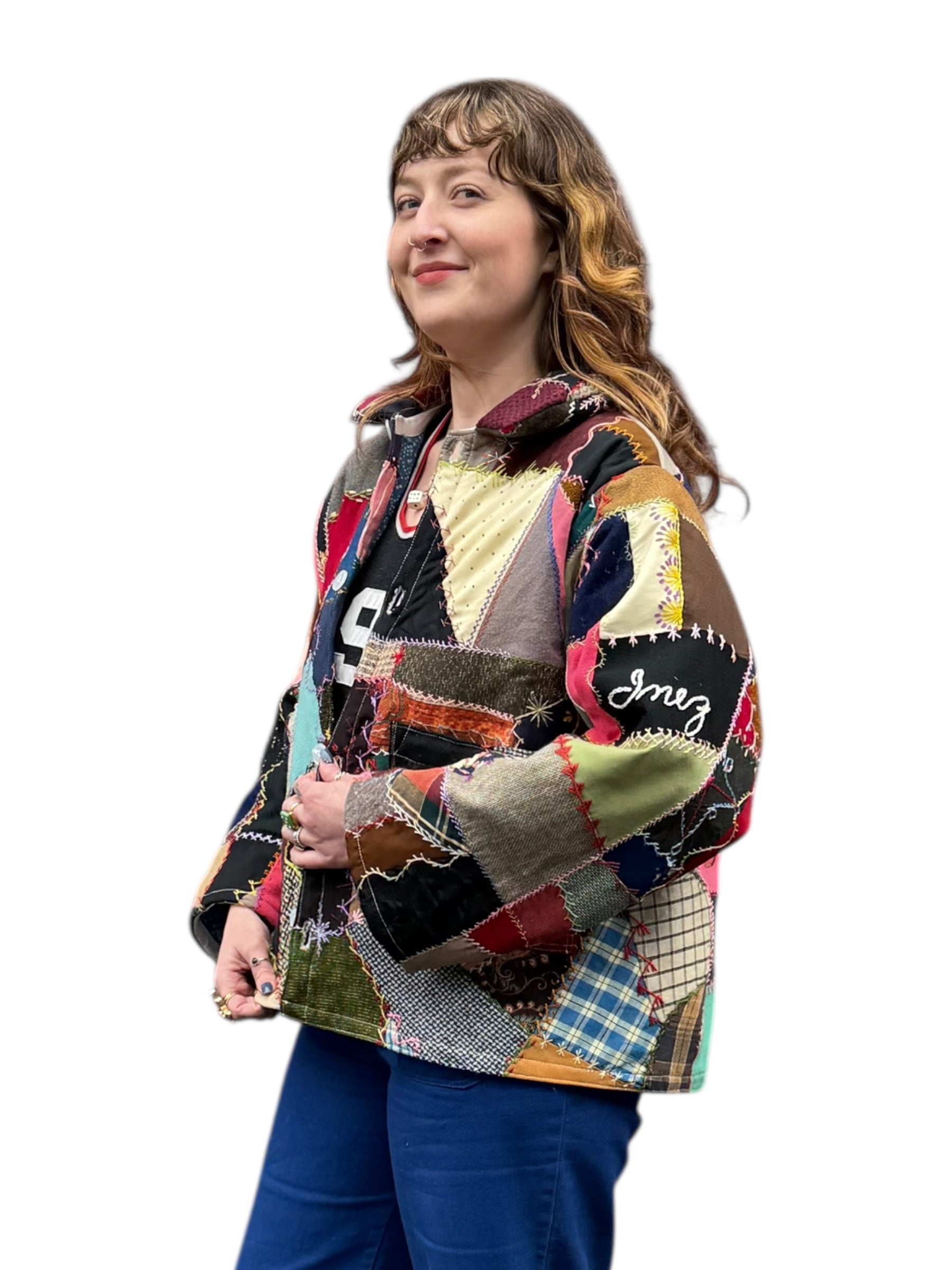 On Body Side of Archive Craft X Barn Owl Vintage Quilt Jacket