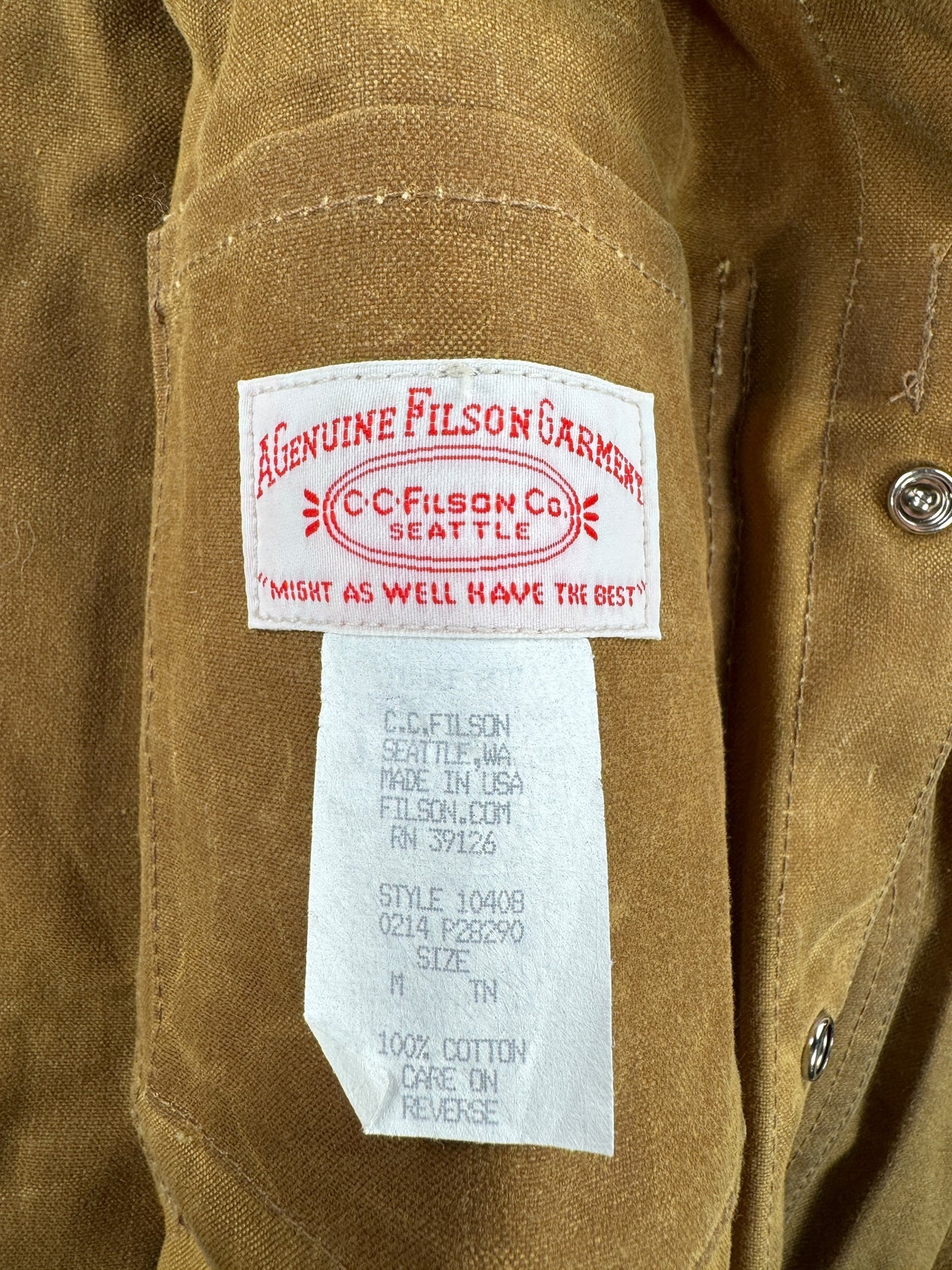 Tag on Filson Tin Cloth Cruiser Jacket SZ M