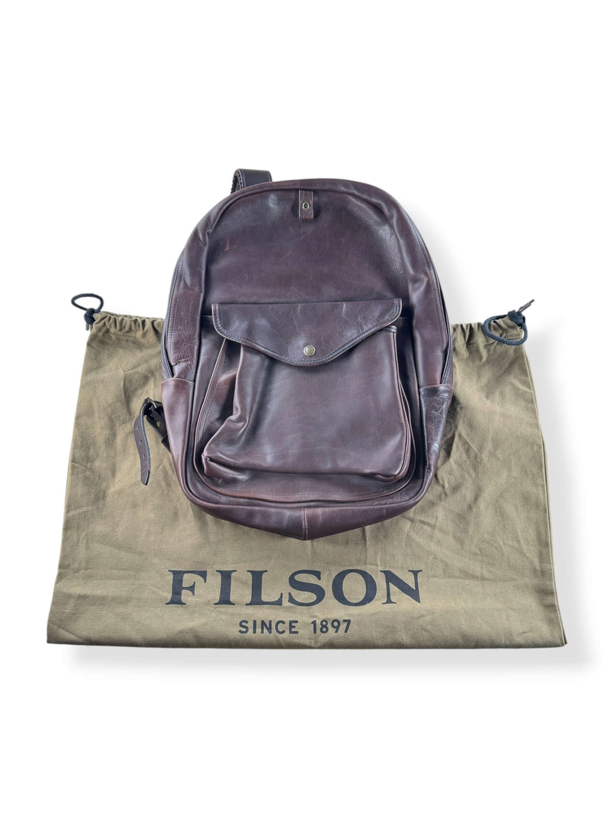 Filson Weatherproof Sierra Brown Leather Journeyman Backpack with original dust bag
