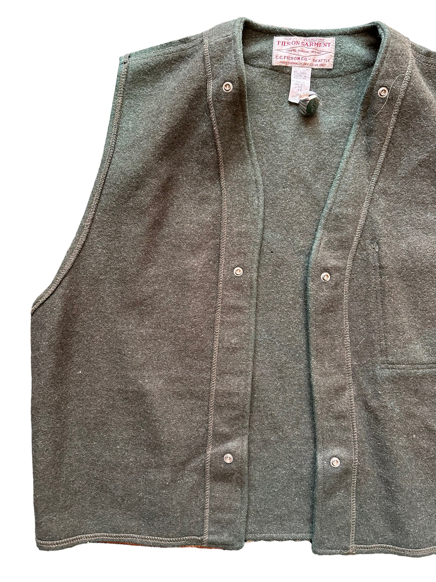 Front Right View of Vintage Filson Green Wool Snap In Liner SZ 44 |  Vintage Filson Workwear Seattle | Barn Owl Vintage