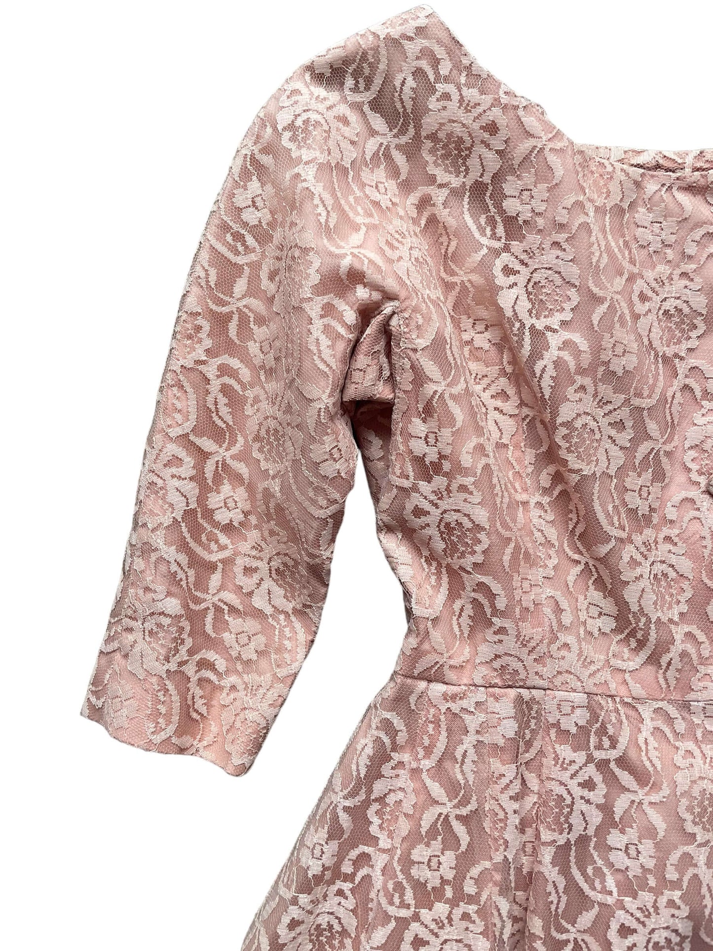 Front right shoulder view of Vintage 1950s Handmade Pink Lace Formal Dress |  Barn Owl Vintage Dresses | Seattle Vintage Ladies Clothing