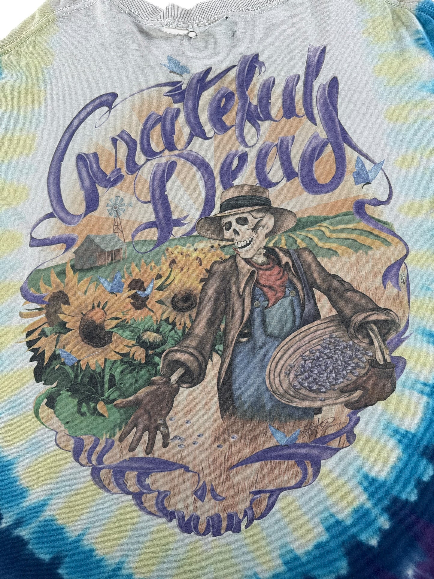 Back Graphic of Vintage Grateful Dead Sunflower Skeleton Tee SZ XL