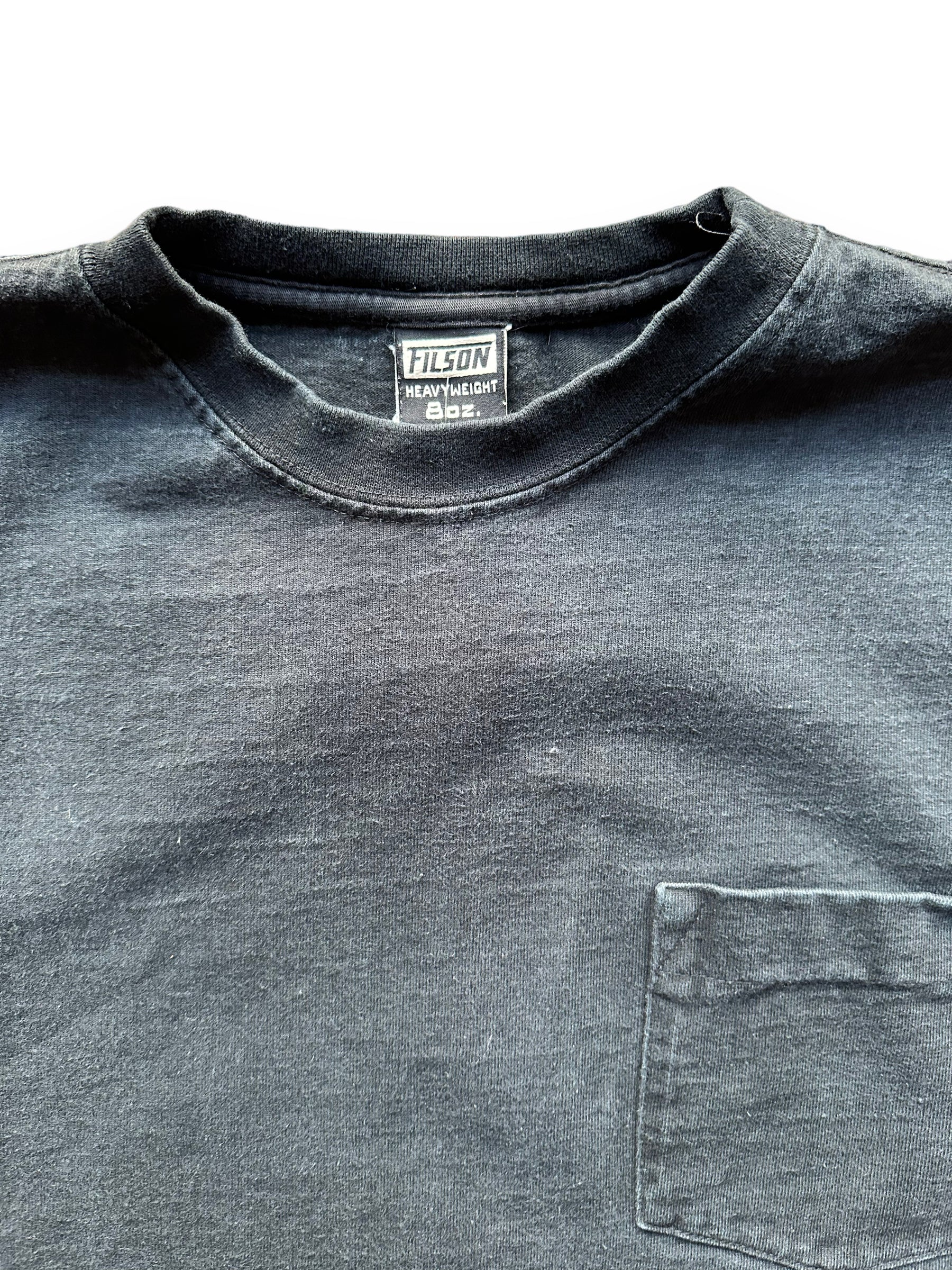 Tag View of Black Filson Loopwheel Heavyweight Cotton Pocket Tee SZ M |  Barn Owl Vintage Goods | Vintage Filson Workwear Seattle