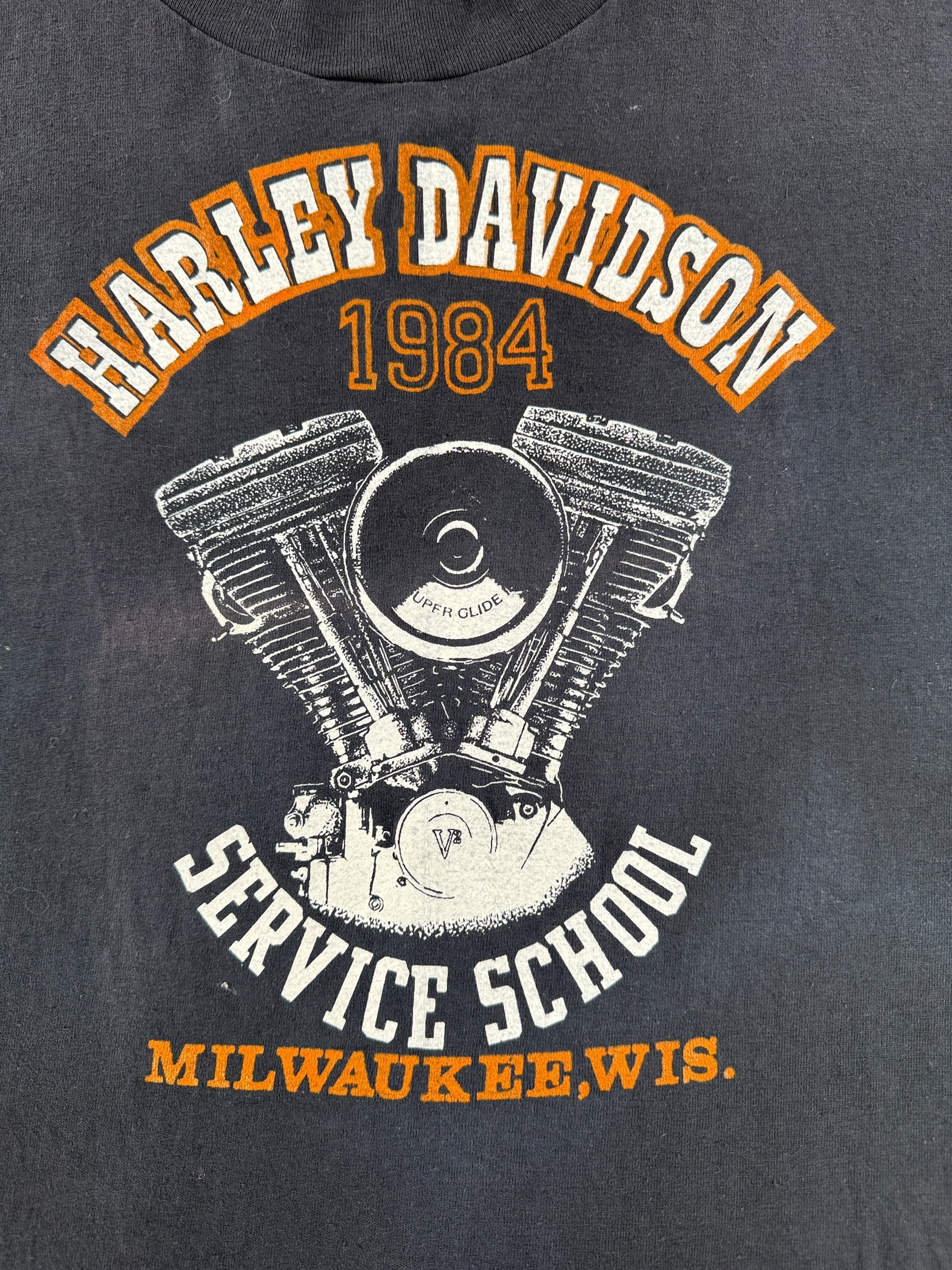 Graphic of Vintage Harley Davidson Service School Milwaukee Hanes Beefy Tee SZ XL (Fits L)