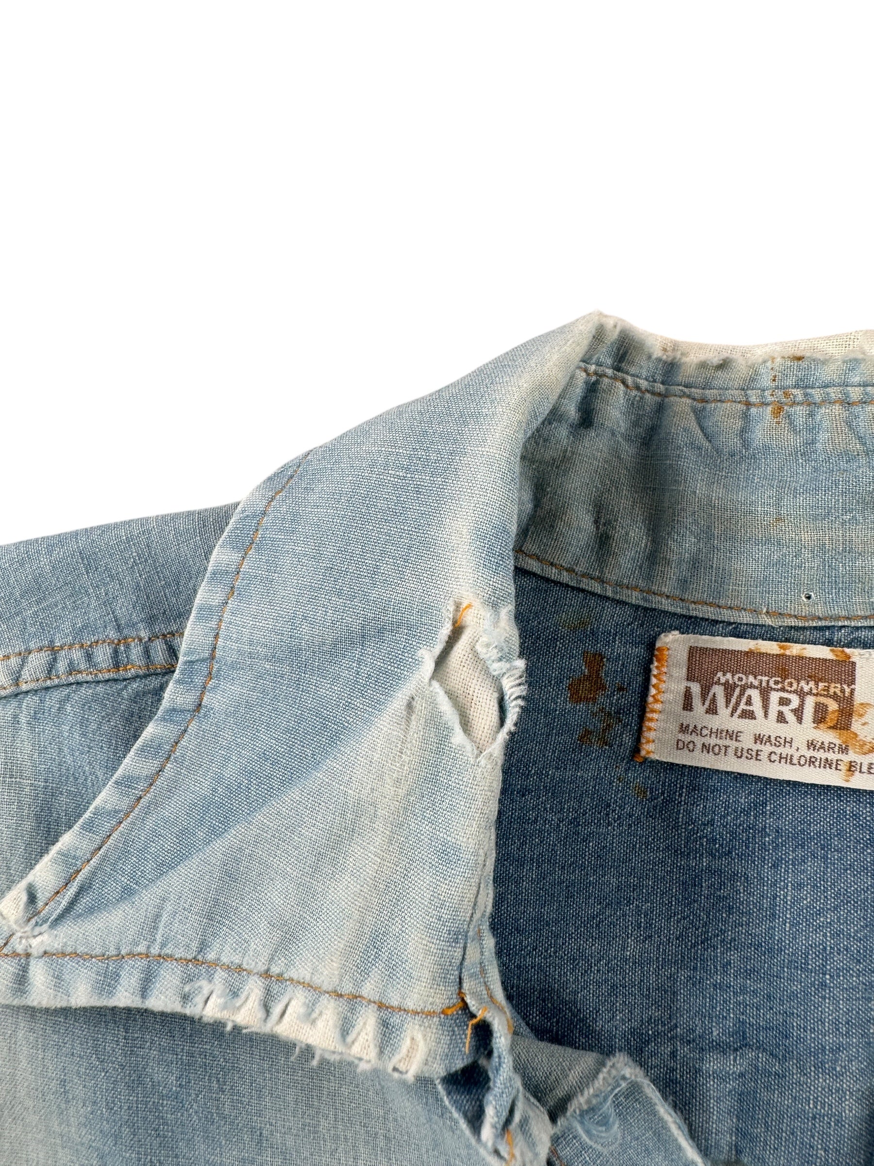 Hole on Vintage Montgomery Ward Suspender Fade Chambray Shirt SZ L