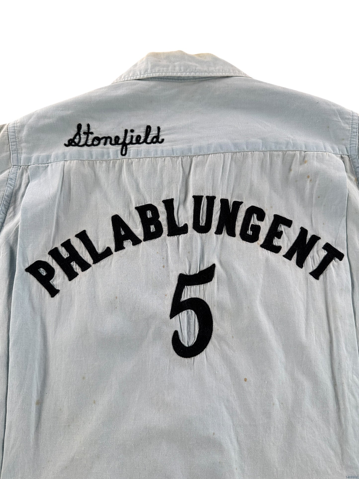 Back Embroidery on Vintage Chambray-esque Bowling Shirt SZ S AS IS