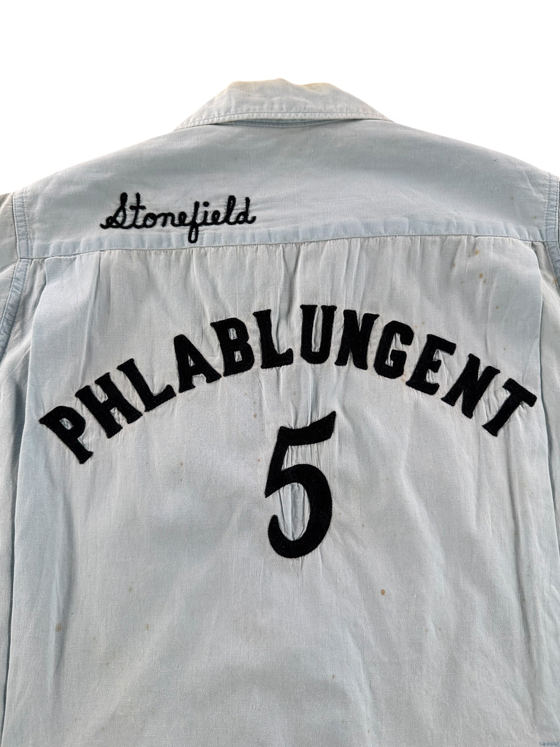 Back Embroidery on Vintage Chambray-esque Bowling Shirt SZ S AS IS