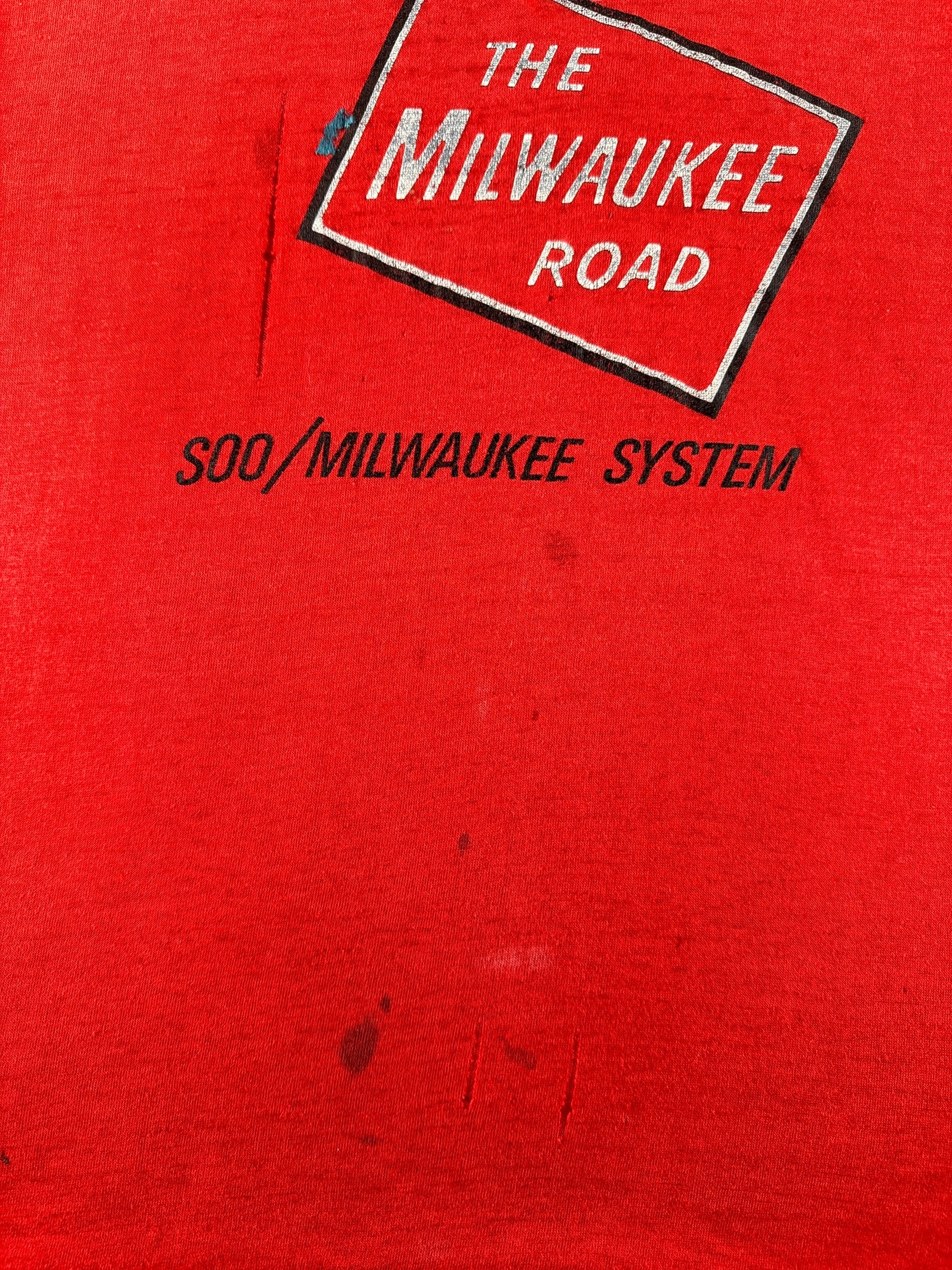 Stains on Vintage 500 Milwaukee Road Red Thrasher Tee SZ S