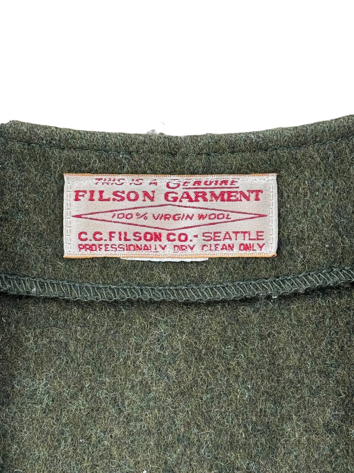 Tag on Vintage Filson Forest Green Mackinaw Wool Vest SZ 42