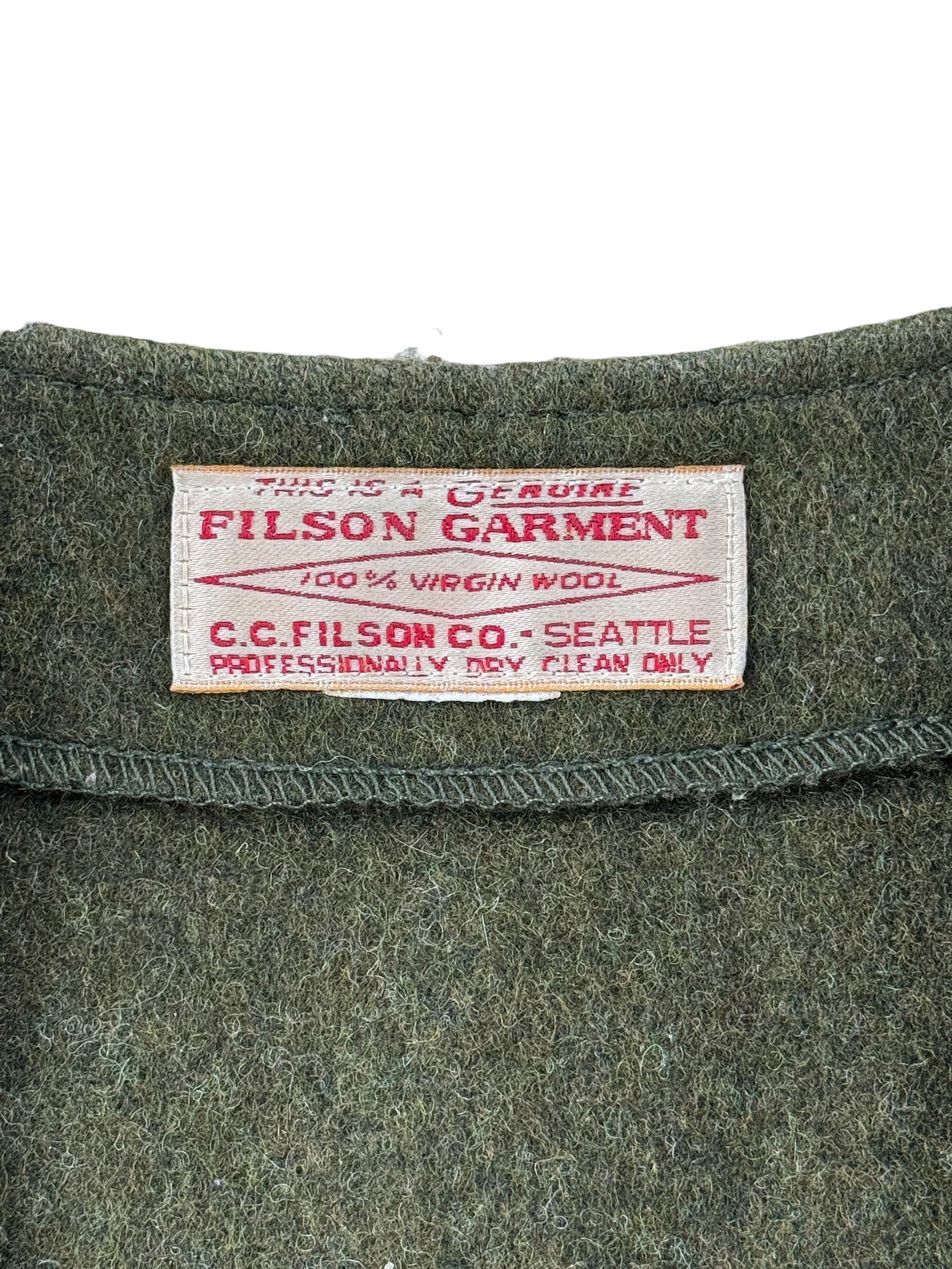 Tag on Vintage Filson Forest Green Mackinaw Wool Vest SZ 42