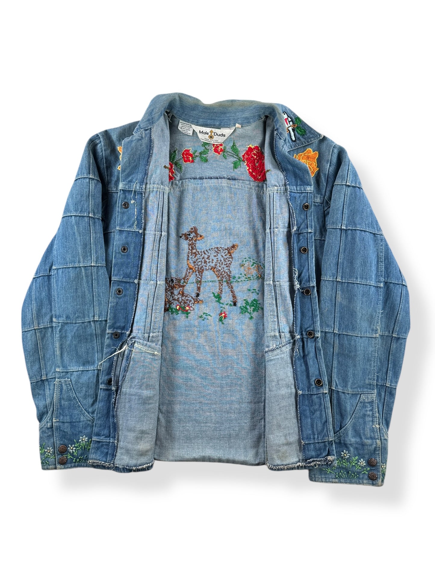 Inside of Vintage Male Duds Embroidered Denim Patchwork Jacket SZ L (Fits M)