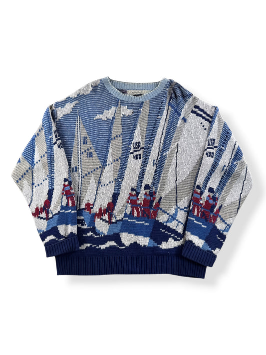 Front of Vintage Sailboat Novelty Print Sweater SZ M