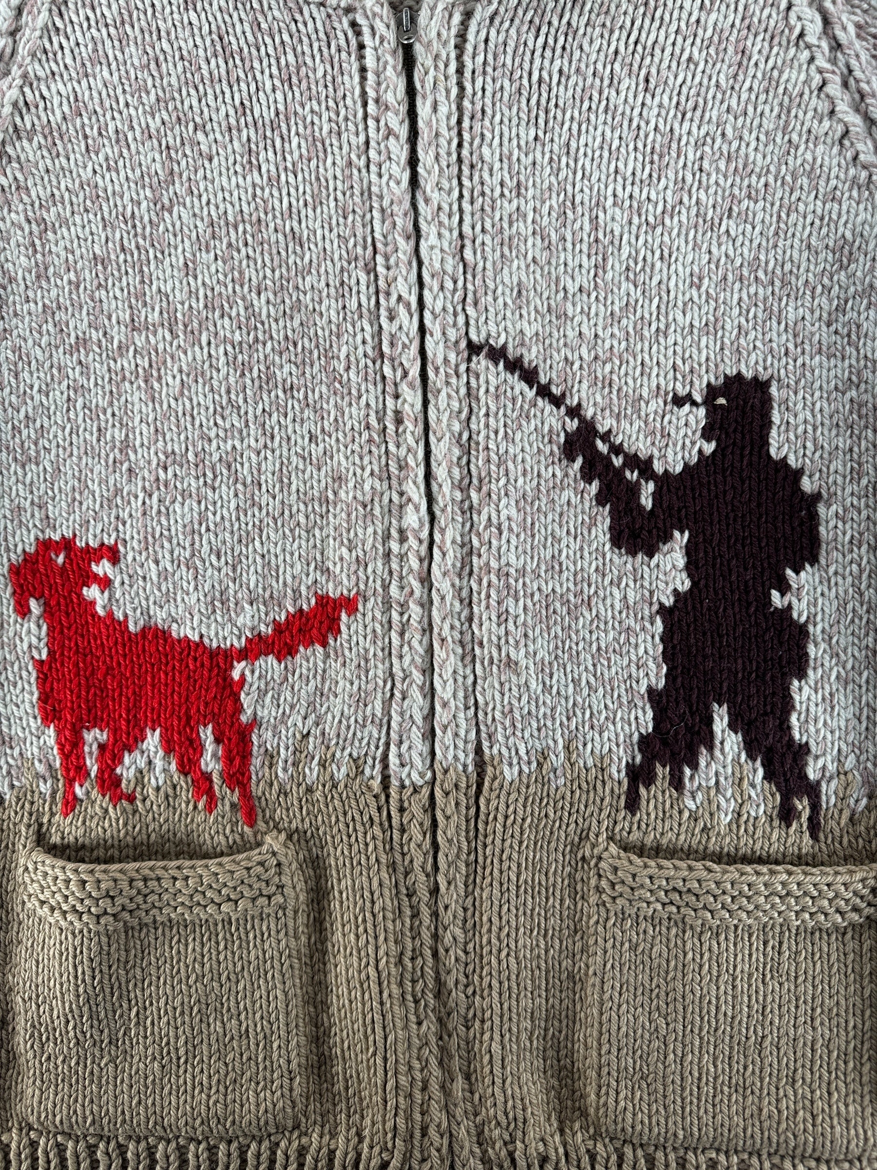 Front Design on Vintage Pheasant Hunting Themed Cowichan Style Sweater SZ XL