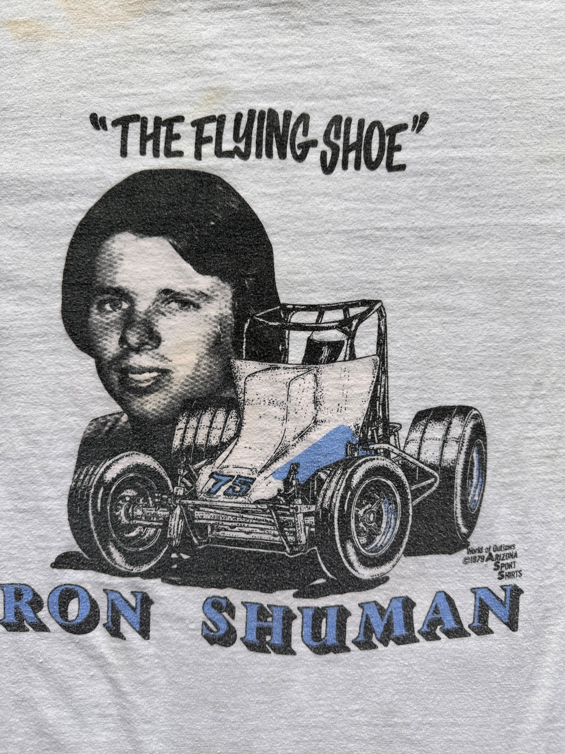 back graphic of Vintage 1979 "The Flying Shoe" Racing Tee SZ M-L