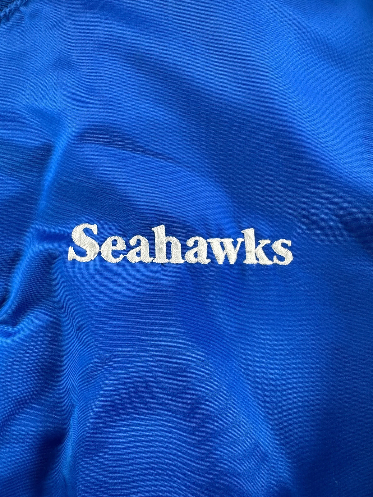 Seahawks logo on front of Vintage Seattle Seahawks Starter Jacket SZ XL