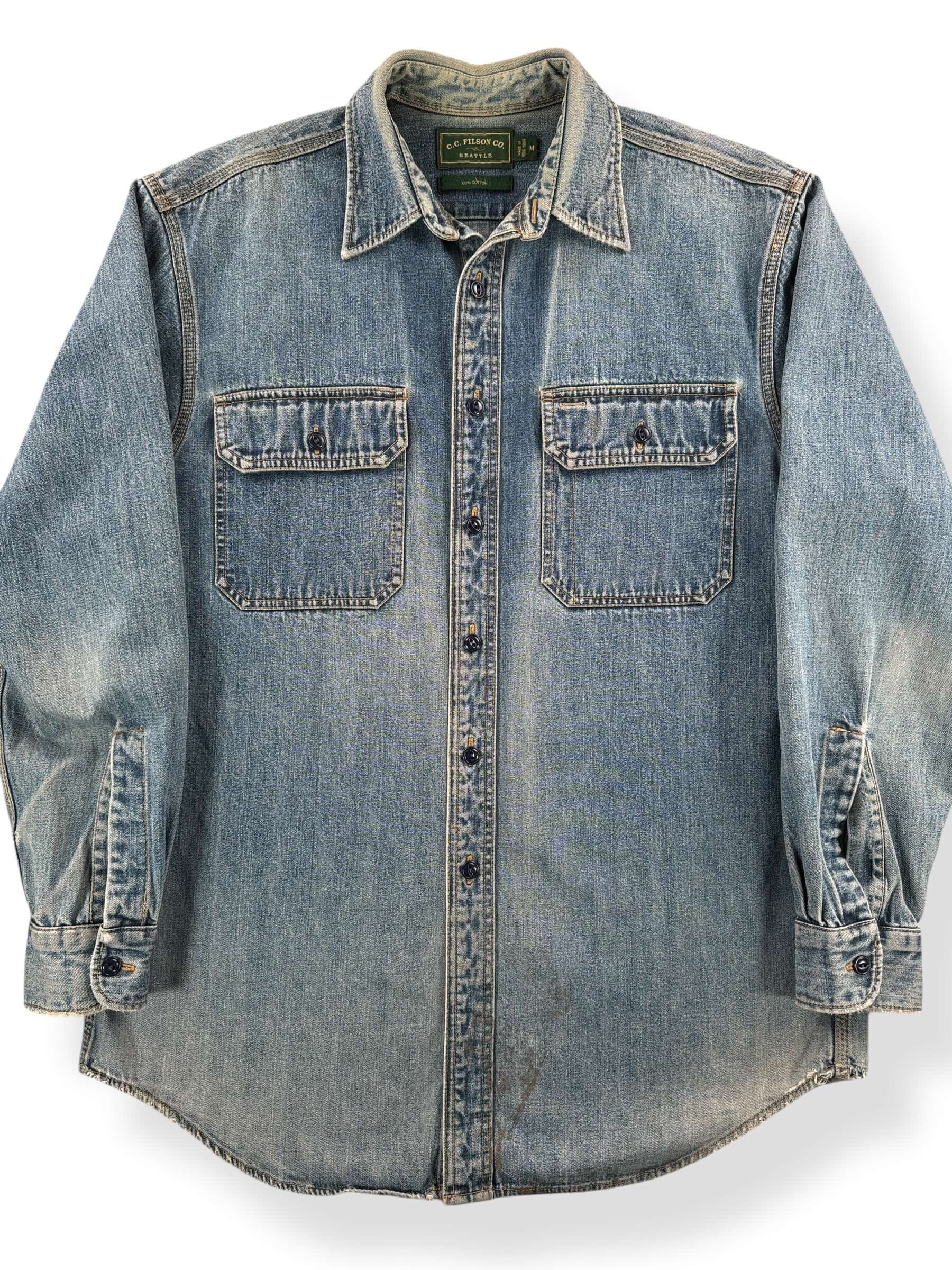 Front Close Up of Filson Green Label Denim Shirt SZ M