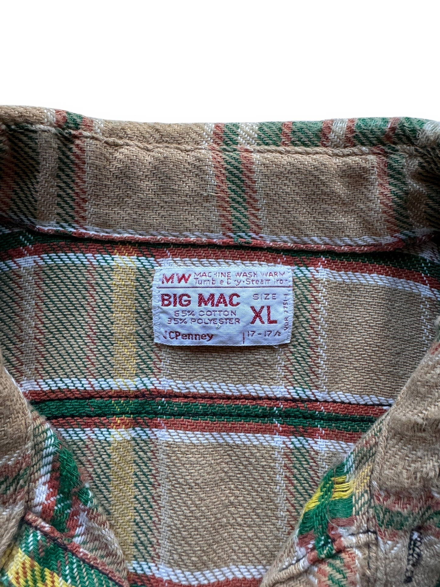 tag on Vintage Big Mac Green/Yellow/Tan Cotton Flannel SZ XL