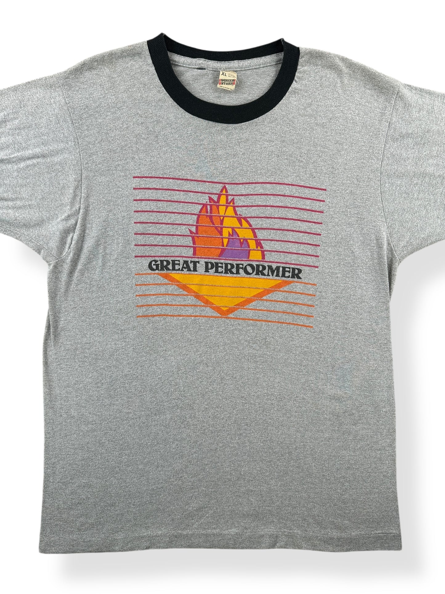 Front Close Up of Vintage Great Performer Ringer Tee SZ L